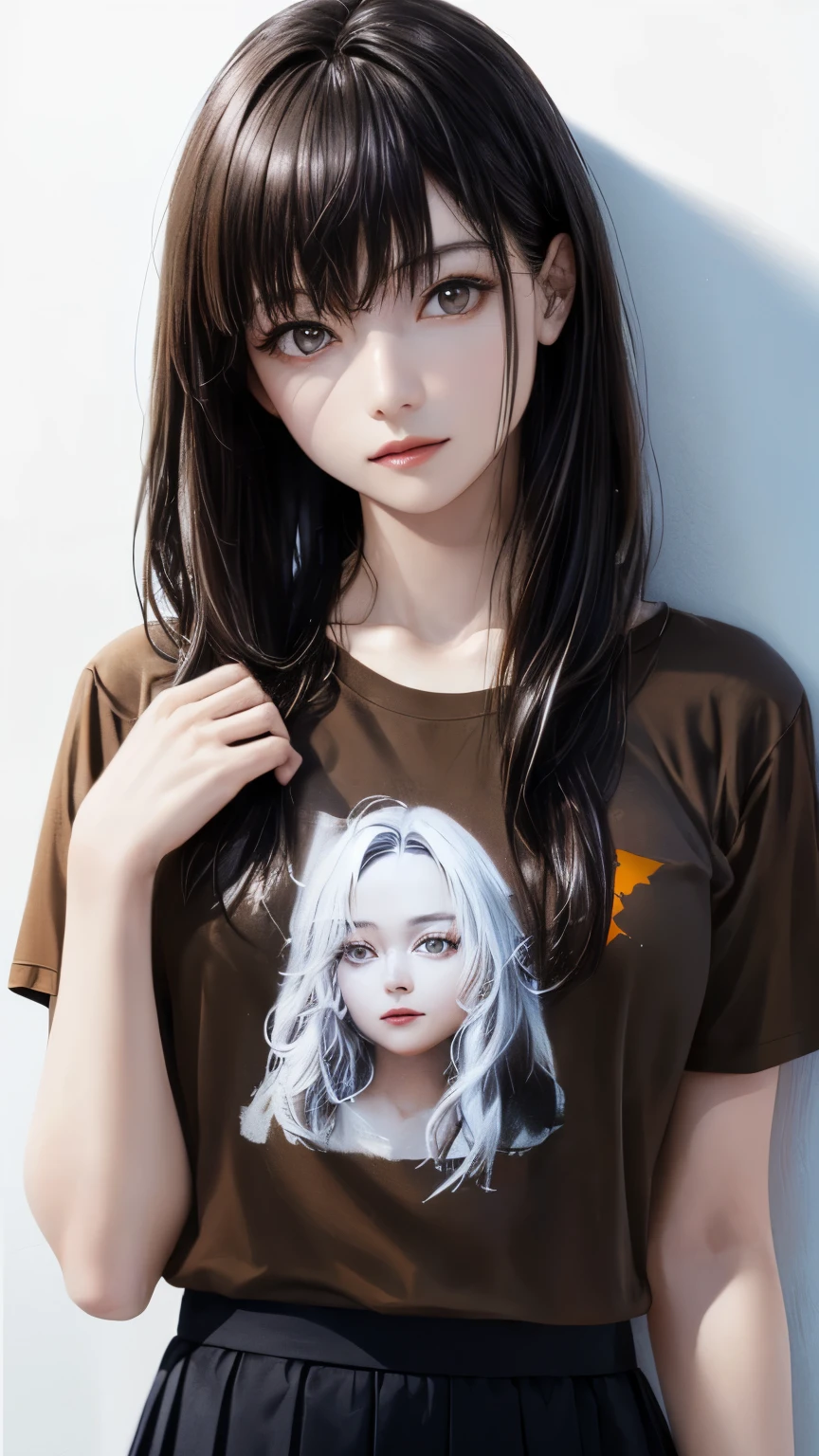 (highest quality、8K、32k、masterpiece)、(realistic)、(Photoreal:1.2)、(High resolution)、Super detailed、very beautiful face and eyes、1 girl、round and small face、thin waist、delicate body、(close、highest quality、high detail、Rich skin details)、(highest quality、8K、oil paint:1.2)、Super detailed、(realistic、realistic:1.37)、bright colors、(((It&#39;s black hair)))、(((bust shot)))、(((long hair)))、(((hair with even bangs)))、(((pure white wall background)))、(((pure white wall background)))、(((has a playful look)))、(((Wearing a brown T-shirt)))、(((This is a T-shirt with thunder drawn on the chest..)))、(((look straight ahead)))、(((the skirt is short)))、(((Hands are above the head)))、