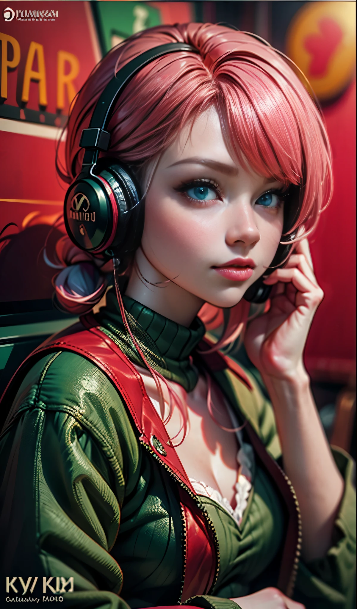 fille modèle portant des écouteurs, Contexte de la ville, yeux vert émeraude, cheveux roses, Détails complexes, couleurs pastel esthétiques, fond d&#39;affiche, art d&#39;Ilya Kuvshinov