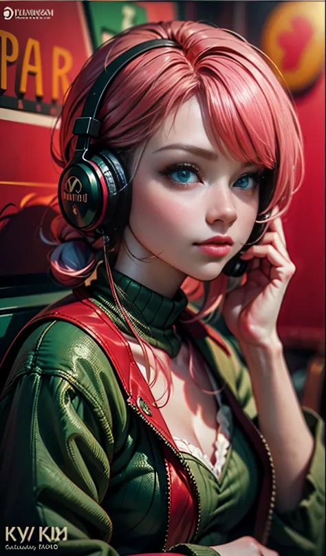 model girl wearing headphones, city background, emerald green eyes, pink hair, intricate details, aesthetically pleasing pastel ...