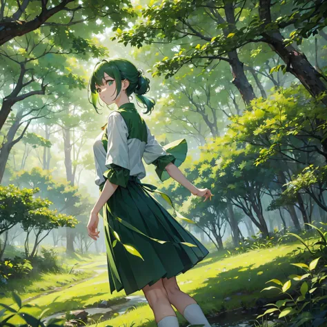 forest，forest公主，green，身穿green衣服，forest背景