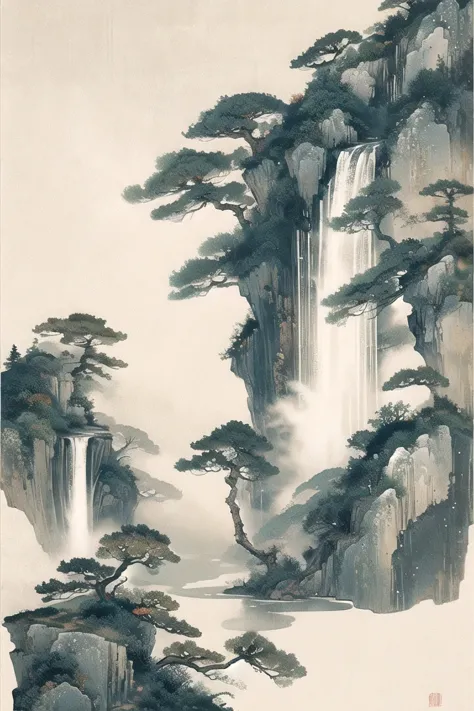 Chinese black and white ink painting,monochrome,brush landscape,Fall,cliff face,solitary figure,reflective water,asiatic pine,mi...