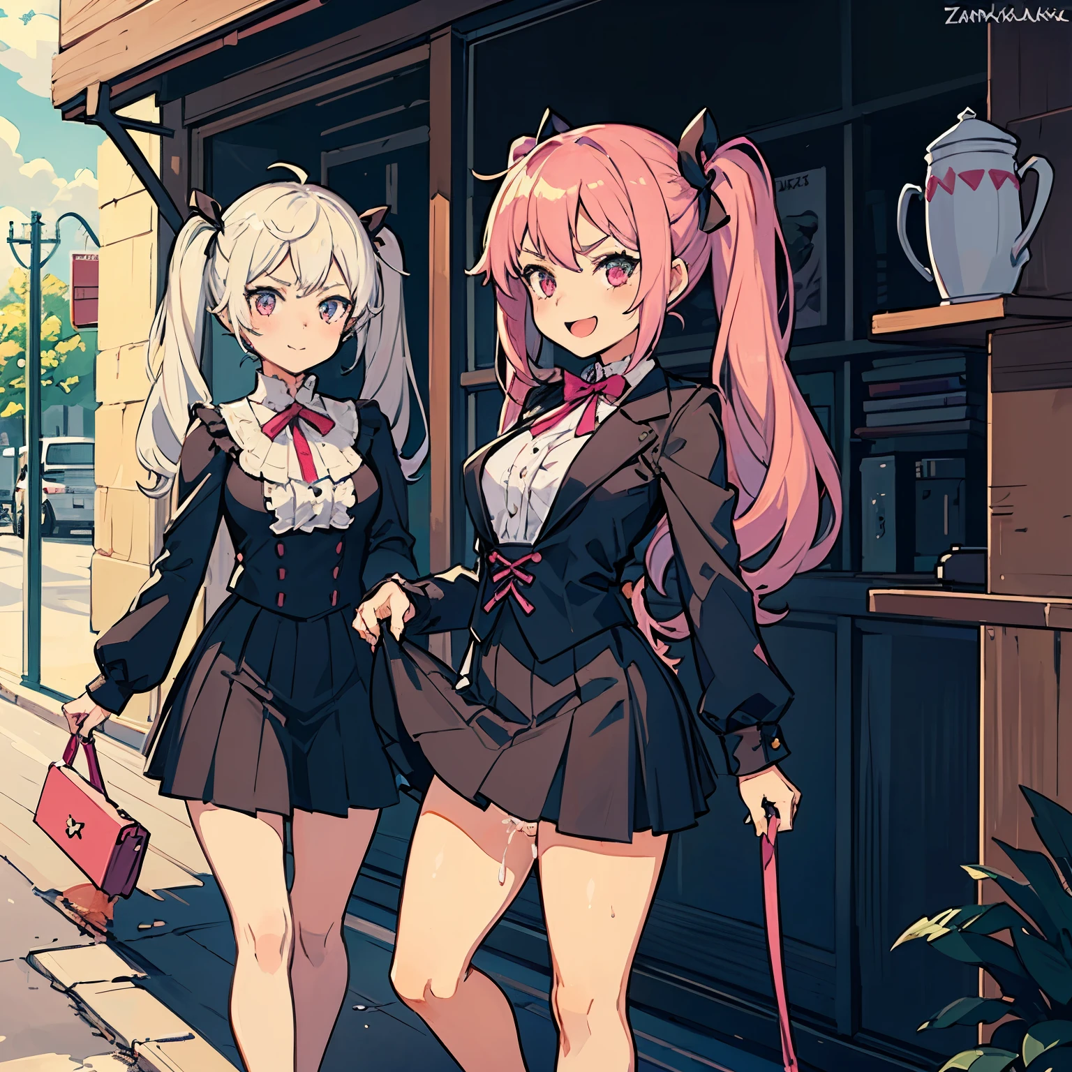 4 Girls with pink hair, long twintail hairstyle, small bushy eyebrows, wearing gothic lolita clothing, (Zankuro) drawing style by zankuro artist, Zancrow style, image uploaded to R34, walking to school, flirty smile, , lifting her skirt to show her vagina wet with semen