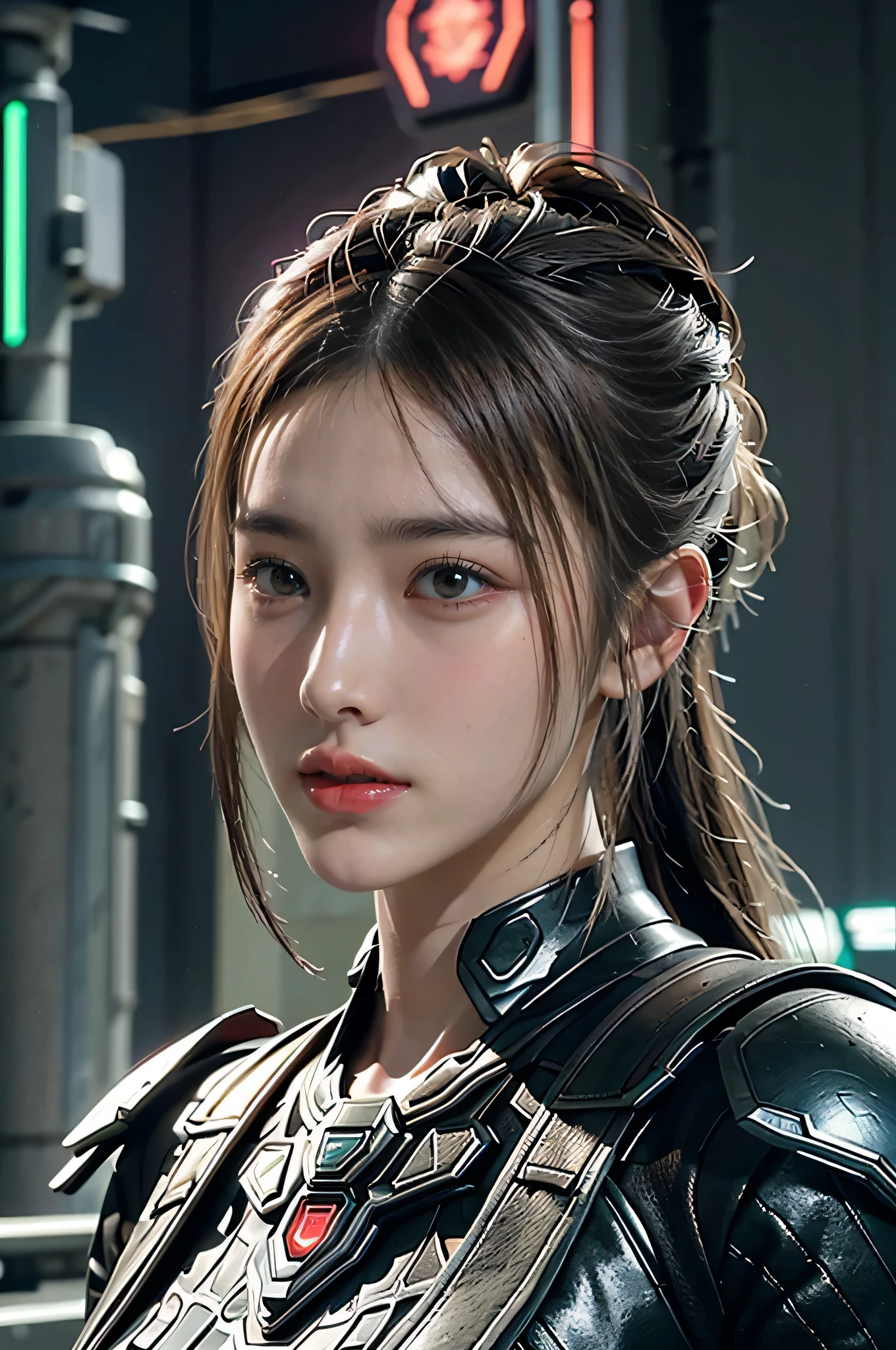 Game art，The best picture quality，Highest resolution，8K，((A bust photograph))，((Portrait))，(Rule of thirds)，Unreal Engine 5 rendering works， (The Girl of the Future)，(Female Warrior)，22 year old girl，(Long hair casual)，(Future-style military wear，A beautiful eye full of detail)，(Big breasts)，(Eye shadow)，Elegant and charming，Smile，(frown)，(Clothes full of futuristic sci-fi style，Sweater，A delicate pattern，Glittering jewels，Armor，White and red)，cyberpunk characters，futuristic style， photo poses，street background，Movie lights，Ray tracing，Game CG，((3D Unreal Engine))，OC rendering reflection pattern