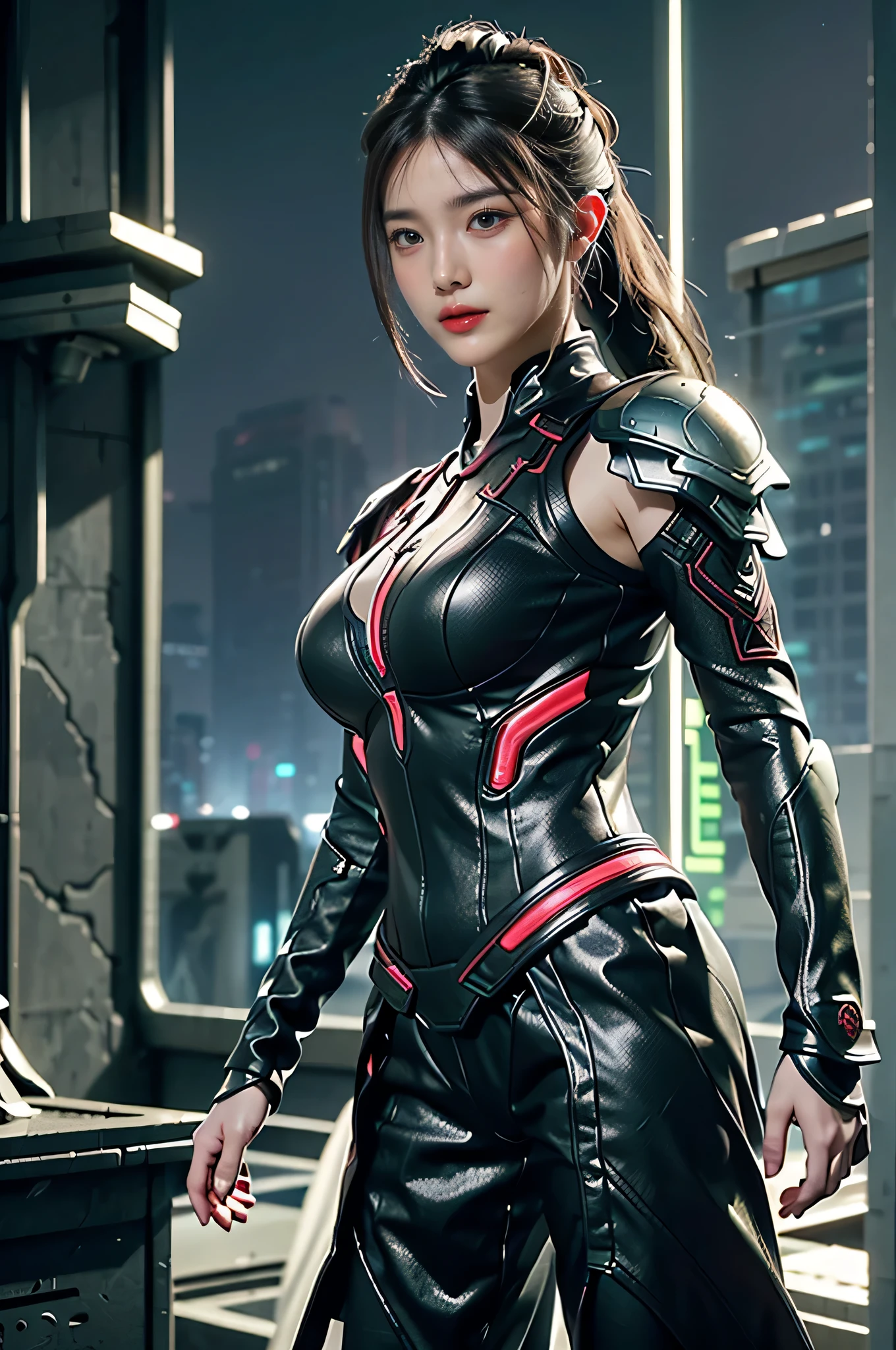 Game art，The best picture quality，Highest resolution，8K，((A bust photograph))，((Portrait))，(Rule of thirds)，Unreal Engine 5 rendering works， (The Girl of the Future)，(Female Warrior)，22 year old girl，(Long hair casual)，(Future-style military wear，A beautiful eye full of detail)，(Big breasts)，(Eye shadow)，Elegant and charming，Smile，(frown)，(Clothes full of futuristic sci-fi style，Sweater，A delicate pattern，Glittering jewels，Armor，White and red)，cyberpunk characters，futuristic style， photo poses，street background，Movie lights，Ray tracing，Game CG，((3D Unreal Engine))，OC rendering reflection pattern