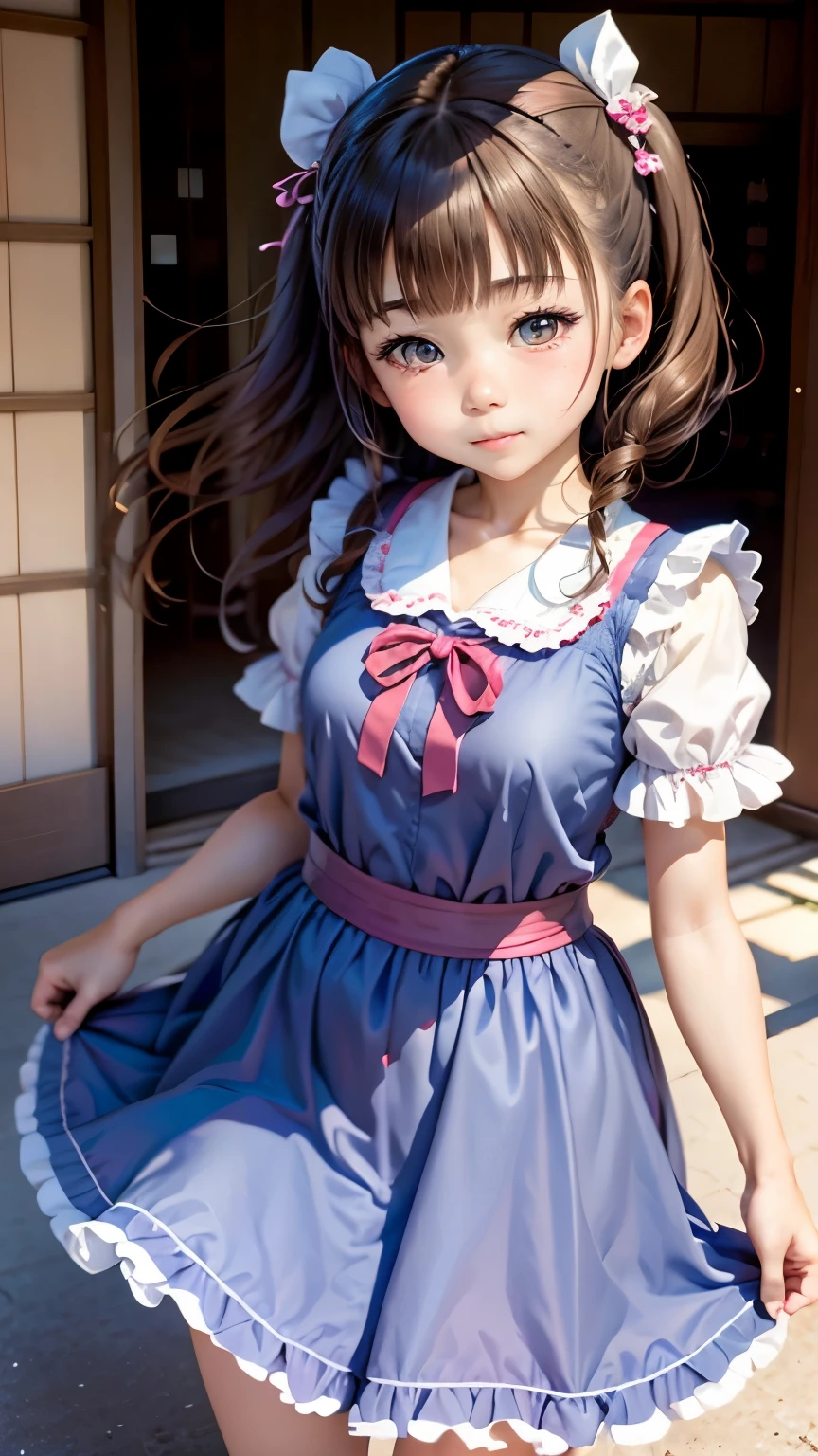 japanese high school girl, frilled summerdress, smile, kiddy