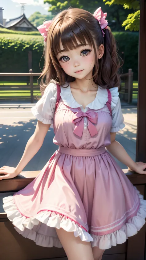 japanese high school girl, frilled summerdress, smile, kiddy