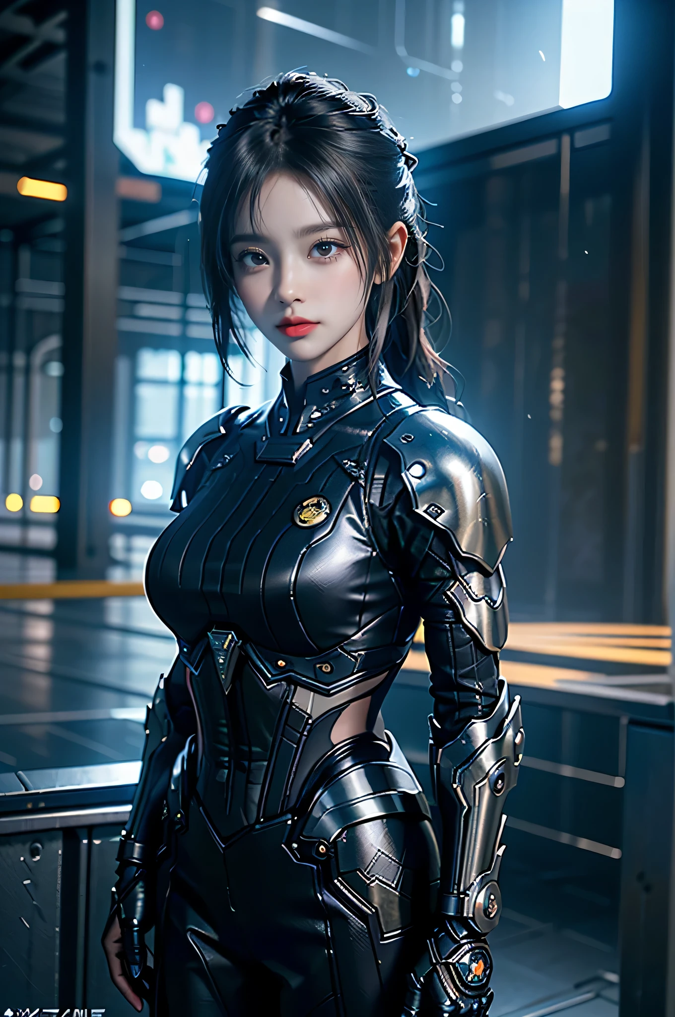 Game art，The best picture quality，Highest resolution，8K，((A bust photograph))，((Portrait))，(Rule of thirds)，Unreal Engine 5 rendering works， (The Girl of the Future)，(Female Warrior)， 22 year old girl，(Female hackers)，(Ancient Oriental hairstyle)，(A beautiful eye full of detail)，(Big breasts)，(Eye shadow)，Elegant and charming，indifferent，((Frown))，(Battle wear full of futuristic tech，Clothing combines futuristic power armor and police uniforms，The garments are adorned with glittering patterns and badges)，cyberpunk characters，futuristic style， photo poses，city background，Movie lights，Ray tracing，Game CG，((3D Unreal Engine))，OC rendering reflection pattern