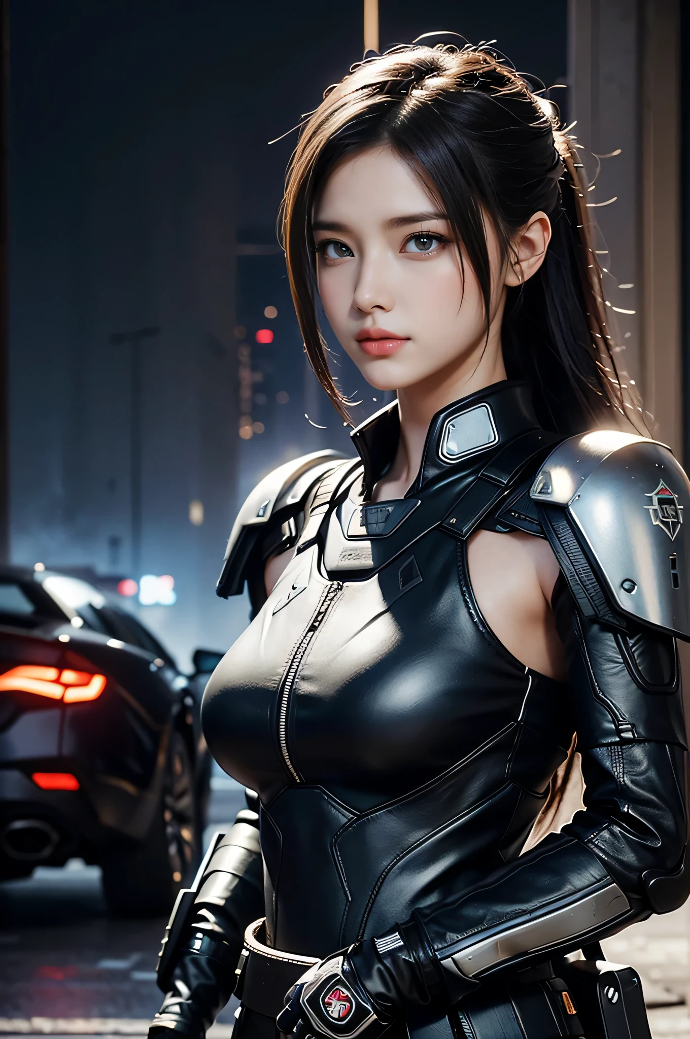 Game art，The best picture quality，Highest resolution，8K，((A bust photograph))，((Portrait))，(Rule of thirds)，Unreal Engine 5 rendering works， (The Girl of the Future)，(Female Warrior)，22 year old girl，(Long hair casual)，(Future-style military wear，A beautiful eye full of detail)，(Big breasts)，(Eye shadow)，Elegant and charming，Smile，(frown)，(Battle suits of the future，Features of Cyberpunk Fighter Clothing，Joint Armor，The dress has a fine pattern and badge)，Cyberpunk warriors，((action game character))，futuristic style， photo poses，street background，Movie lights，Ray tracing，Game CG，((3D Unreal Engine))，OC rendering reflection pattern