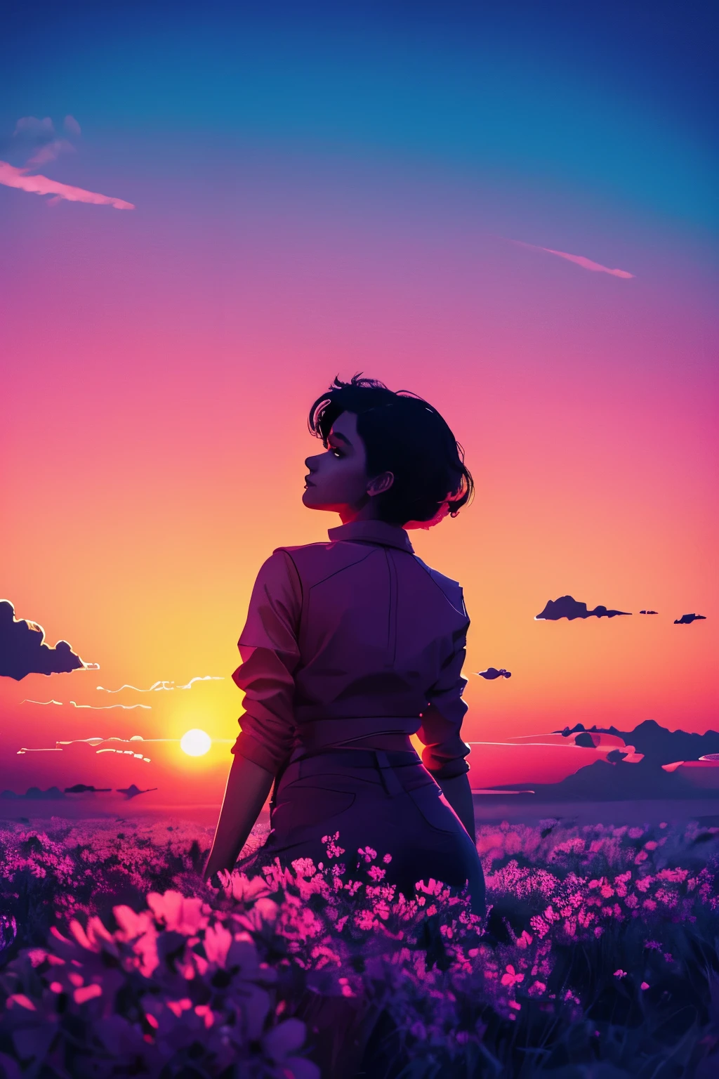 DISEÑO DE ESTILO DE DIBUJO SYNTHWAVE COLORES VIBRANTES, Mientras el día susurra su adiós, el cielo se ilumina con una belleza fugaz, una suave caricia antes del anochecer