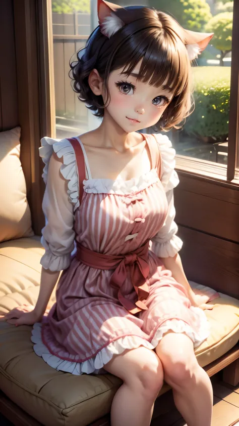 japanese girl, frilled summerdress, smile, kiddy, curly short hair, nekomimi, sitting on cushion