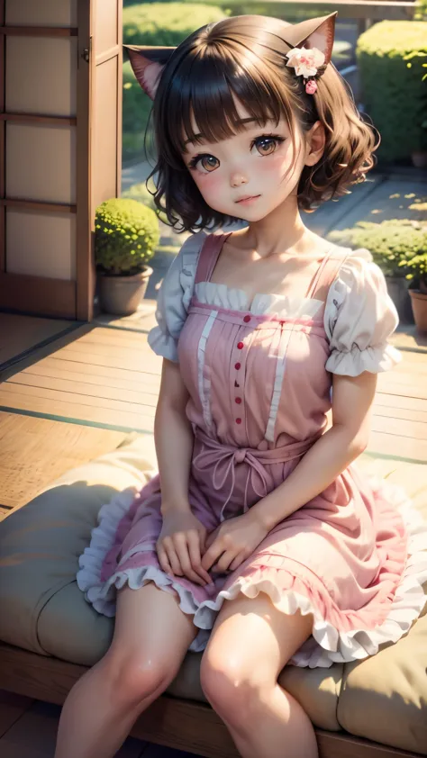 japanese girl, frilled summerdress, smile, kiddy, curly short hair, nekomimi, sitting on cushion