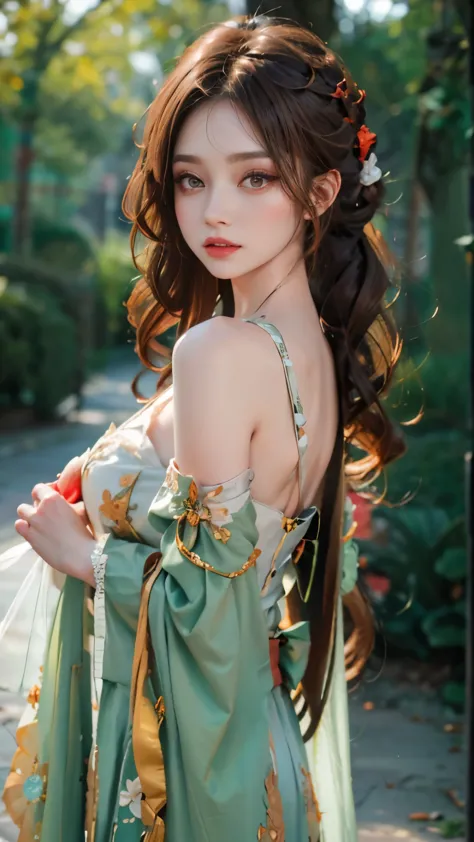 Modify hair only、Face）Light green clothes，chiffon，Reddish-brown hair，curls，ponytail，Nice bun，Perfect hairstyle，red headdress，red...