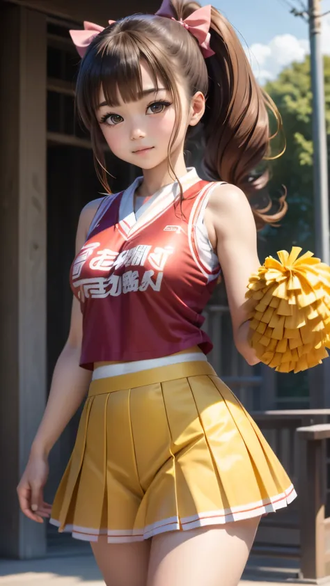 japanese high school girl, kiddy, cheerleader cosplay,sleeveless,  smile, ponytail,