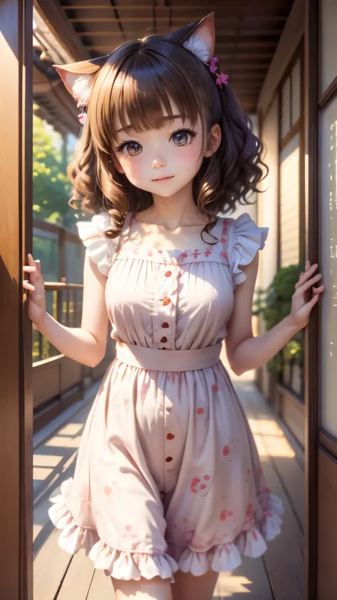 japanese girl, frilled summerdress, smile, kiddy, curly  hair, nekomimi,