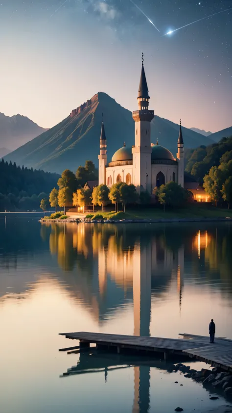 mosque on an island in the middle of a clear lake, trees on the edge of the lake and around the mosque, around the lake there ar...