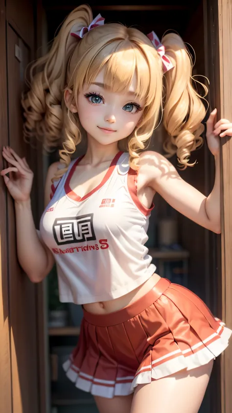 japanese high school girl, kiddy, cheerleader cosplay,sleeveless,  smile, curly hair, downblouse