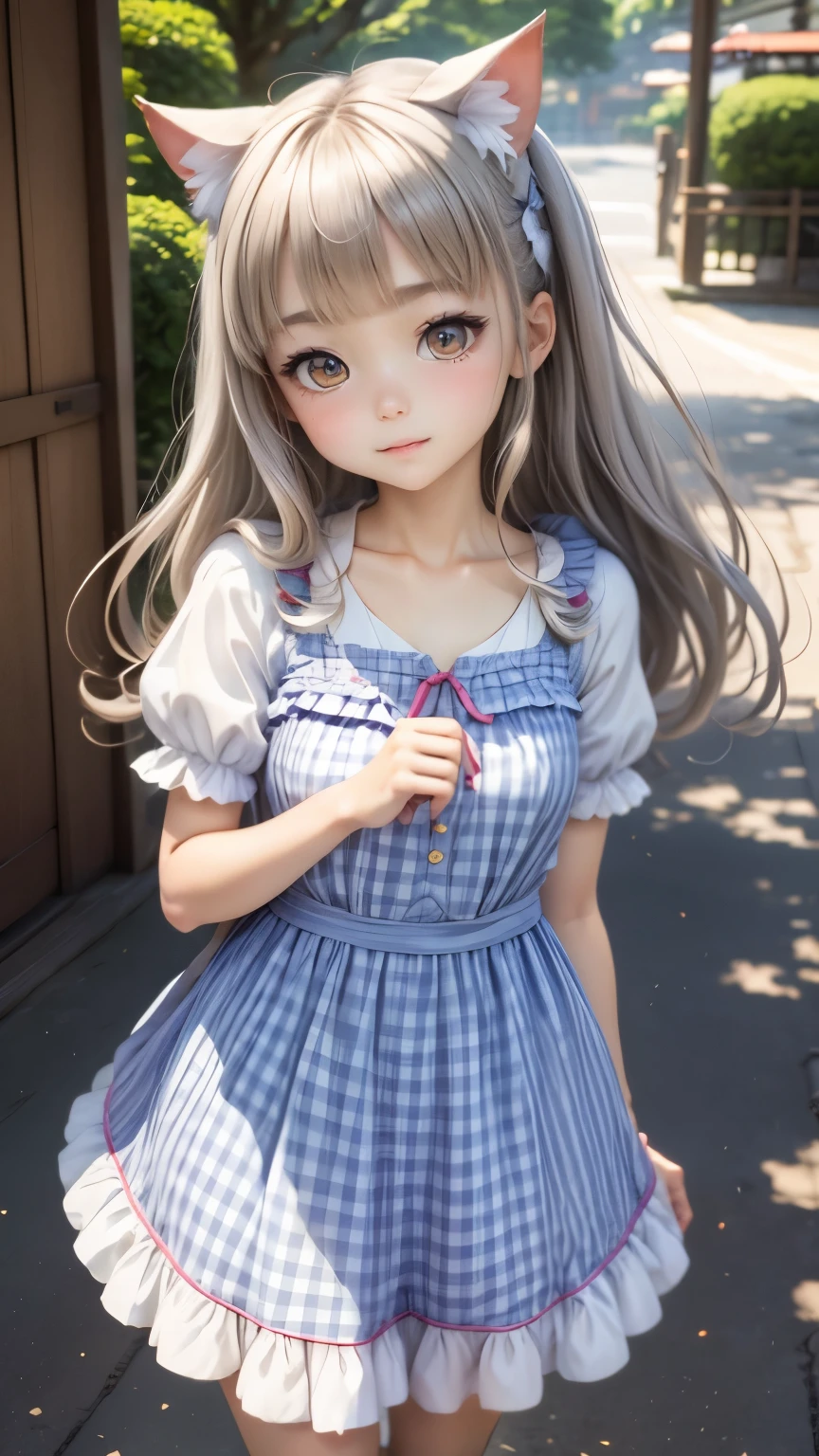 japanese girl, frilled checked summerdress, smile,   (hair gray hair:0.8), nekomimi, 