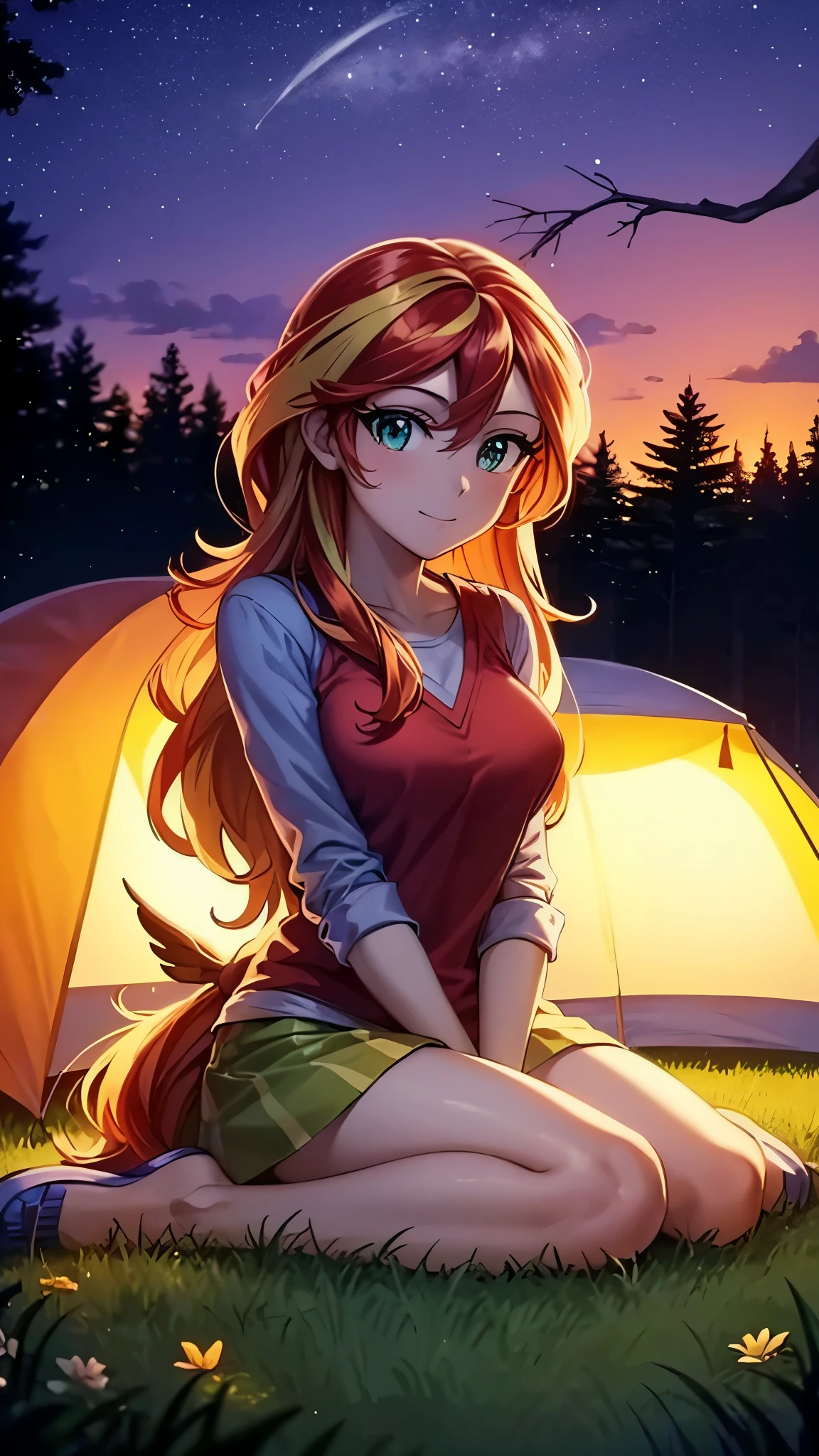 Brilho do pôr do sol, acampamento, sentado em uma barraca na floresta à noite