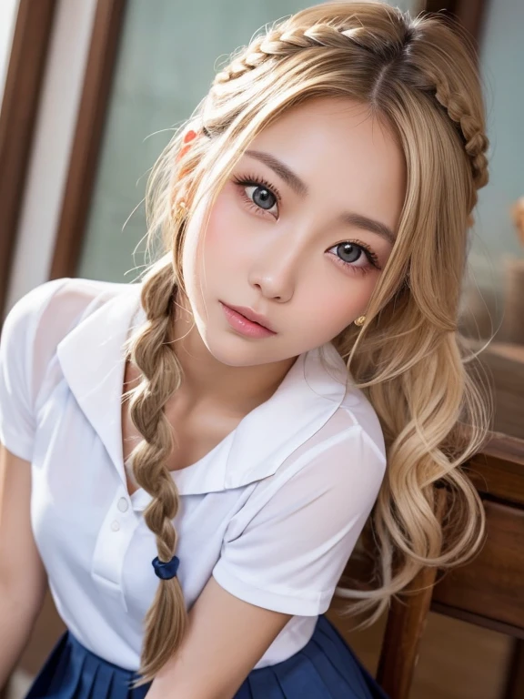 (table top:1.4, Photoreal:1.4, 8K), highest quality, masterpiece, ultra high resolution, perfect dynamic composition, big face、round face、((platinum blonde hair:1.0、long curly hair, Braid))、Highly detailed skin and facial textures:1.3, Detail of limbs, 1 girl, Cute sexy 22 year old Japanese woman, (tanned skin:1.0), tilt one&#39;s head, ((completely enchants you:0.9)), ((school uniform、chuck pattern mini skirt)),Medium chest, (look away、beautiful eyes, blue eyes、Eyes that feel beautiful eros:0.85), sexy face:0.4, (closed mouth、small mouth、thick lips、A taste of beautiful eroticism:0.85), ((Too cute beauty:0.9))、gal makeup、((extreme close up))