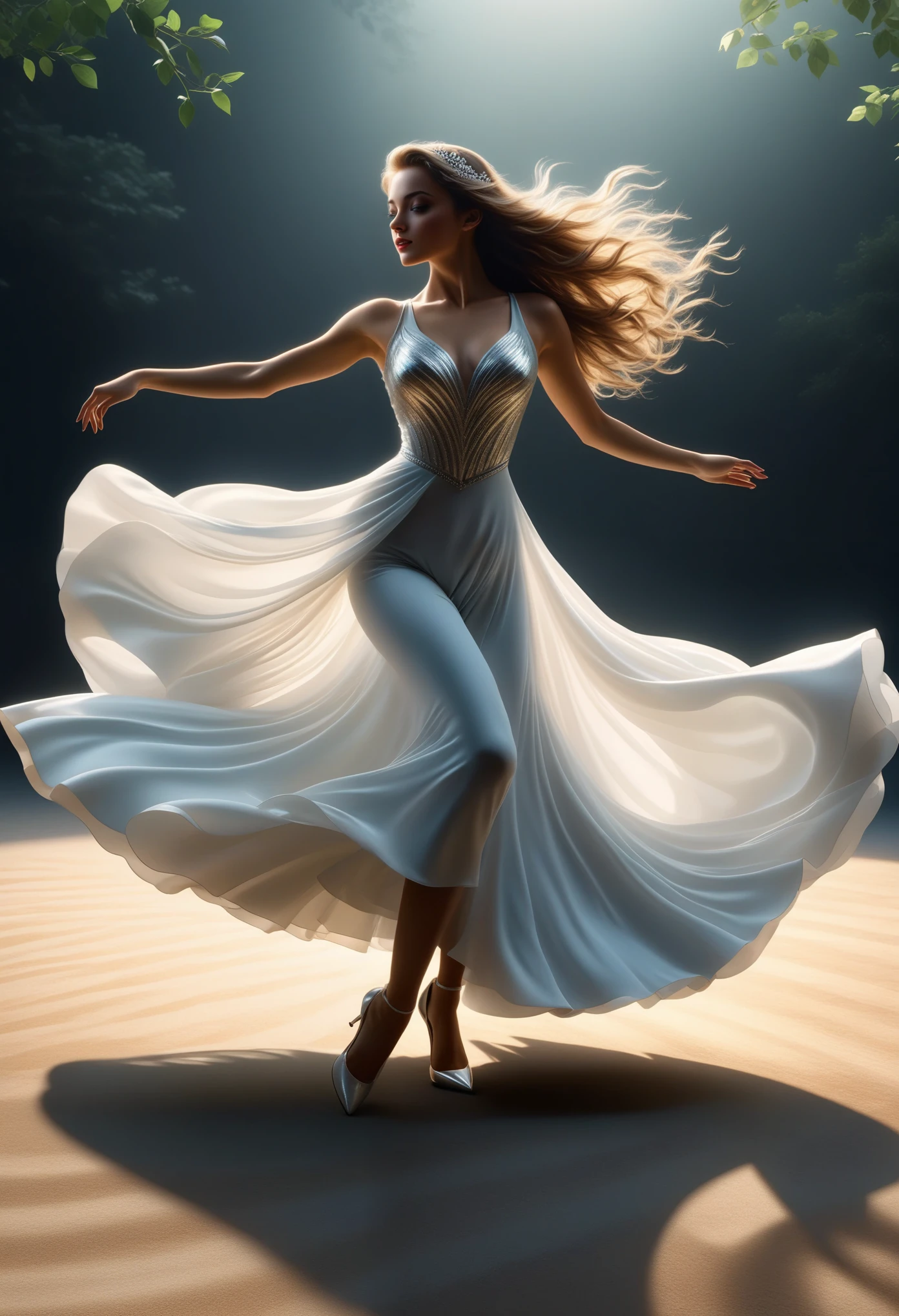 (best quality,4k,8k,highres,masterpiece:1.2),ultra-detailed,(realistic,photorealistic,photo-realistic:1.37),A beautiful dancing girl with a long shadow on the ground,clear and beautiful dancing girl