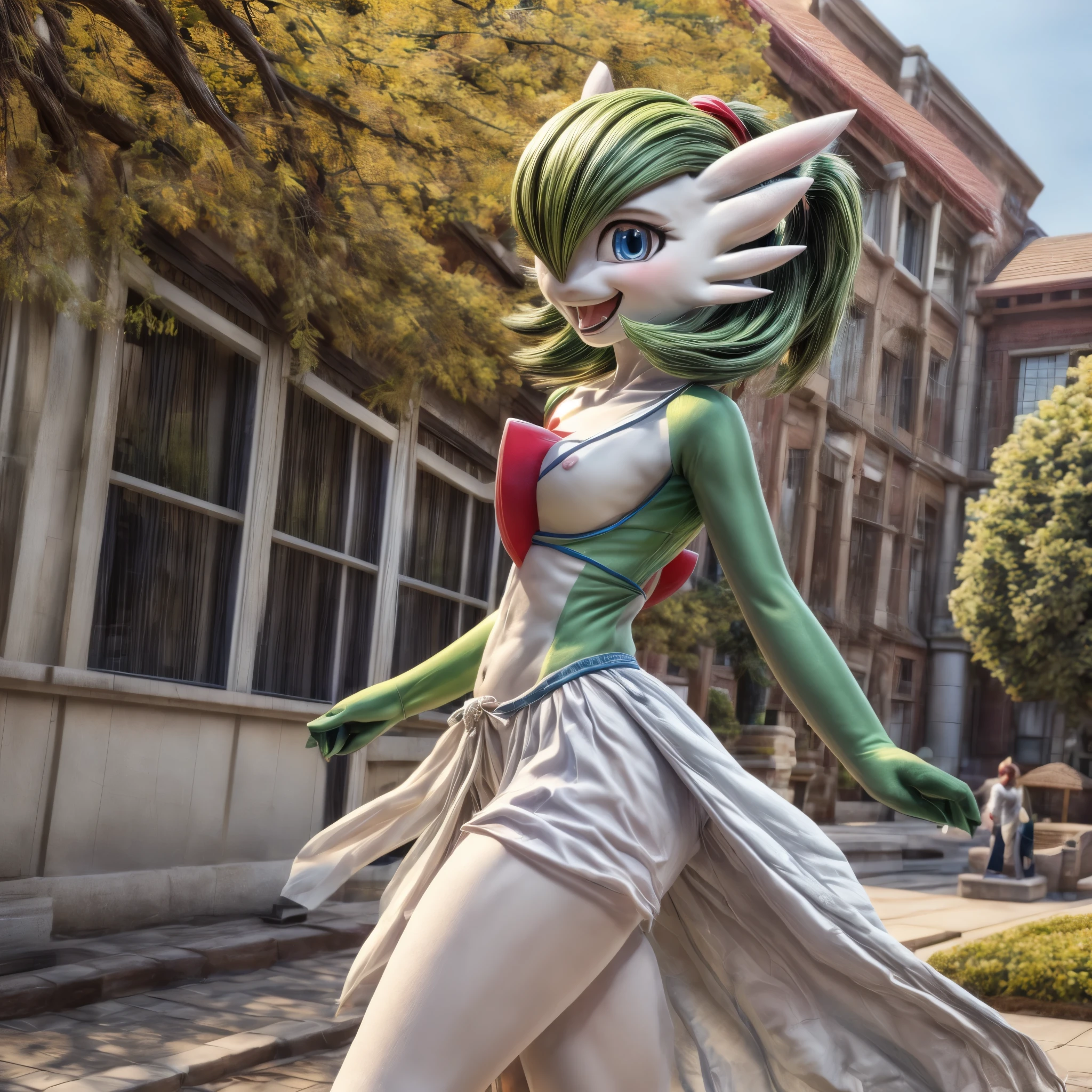 (melhor qualidade,4K,8K,alta resolução,obra de arte:1.2),ultra-detalheed, Gardevoir como uma universitária caminhando pelo campus da faculdade, exibindo suas coisas, Sorrindo e rindo, flertando com o espectador, Pokémon, Pokémon (jogo), jogo freak, nintendo, (pele de porcelana), olhos azuis, (cabelo verde), (Cabelo bagunçado em rabo de cavalo), bolsa pokébola, HDR, 8K, absurdos, Cinemastill 800, foco nitído, adicionar_detalhe:3 (mulher sozinha) Tenchan