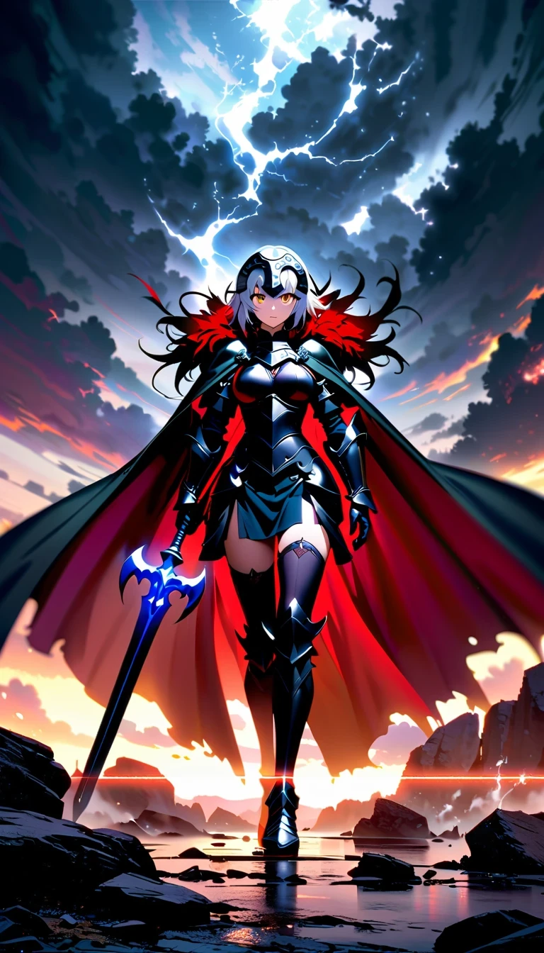 whole body，Epic anime style female warrior贞德阿尔特（Joan of Arc）, With a sword and a cloak, standing in front of a cloudy sky, Inspired by history and mythology, badass anime elements, The art of self-destruction, from《night ark》narration, With professional lighting technology, 8K resolution, The concept of the grand order of destiny, Best Anime Epic Artwork, 4k konachan wallpaper, anime fantasy, Immortal knight wearing black armor, dramatic atmosphere