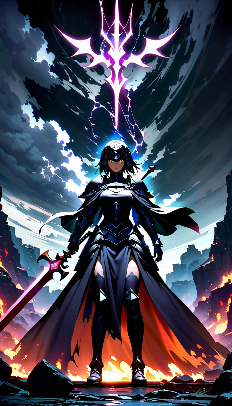 whole body，Epic anime style female warrior贞德阿尔特（Joan of Arc）, With a sword and a cloak, standing in front of a cloudy sky, Inspired by history and mythology, badass anime elements, The art of self-destruction, from《night ark》narration, With professional lighting technology, 8K resolution, The concept of the grand order of destiny, Best Anime Epic Artwork, 4k konachan wallpaper, anime fantasy, Immortal knight wearing black armor, dramatic atmosphere