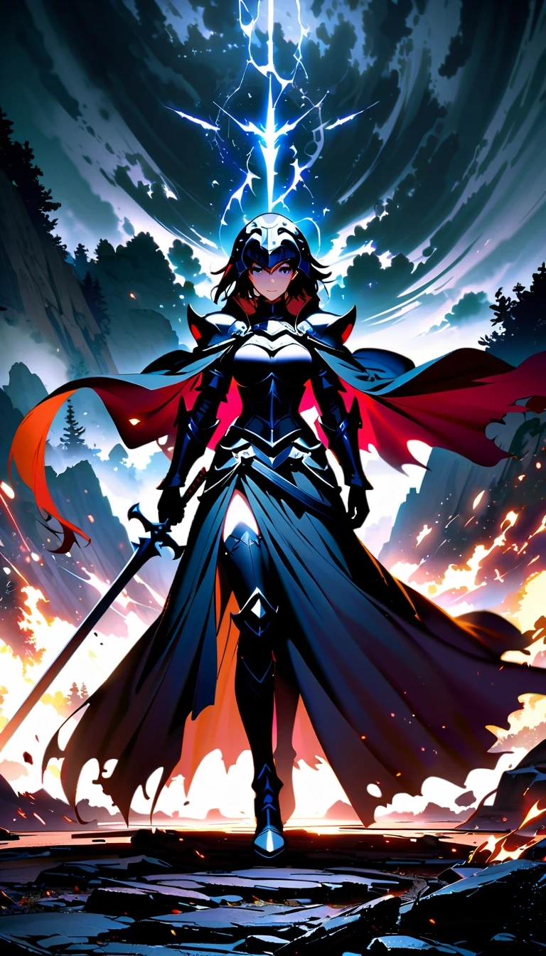 whole body，Epic anime style female warrior贞德阿尔特（Joan of Arc）, With a sword and a cloak, standing in front of a cloudy sky, Inspired by history and mythology, badass anime elements, The art of self-destruction, from《night ark》narration, With professional lighting technology, 8K resolution, The concept of the grand order of destiny, Best Anime Epic Artwork, 4k konachan wallpaper, anime fantasy, Immortal knight wearing black armor, dramatic atmosphere