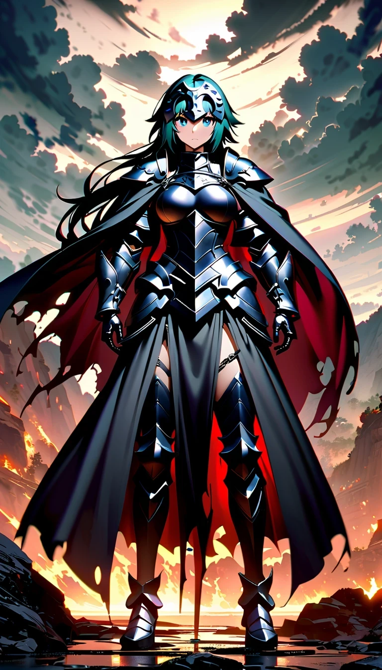 whole body，Epic anime style female warrior贞德阿尔特（Joan of Arc）, With a sword and a cloak, standing in front of a cloudy sky, Inspired by history and mythology, badass anime elements, The art of self-destruction, from《night ark》narration, With professional lighting technology, 8K resolution, The concept of the grand order of destiny, Best Anime Epic Artwork, 4k konachan wallpaper, anime fantasy, Immortal knight wearing black armor, dramatic atmosphere