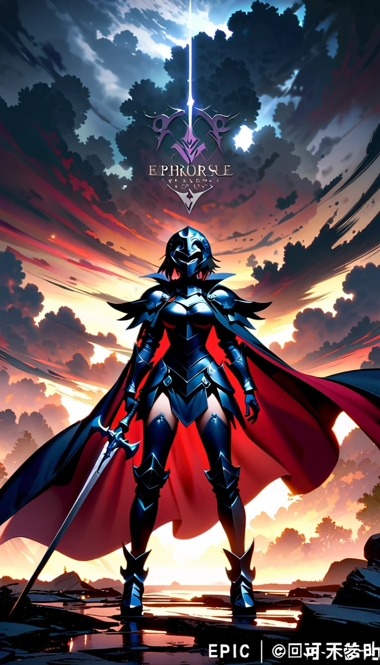 whole body，Epic anime style female warrior贞德阿尔特（Joan of Arc）, With a sword and a cloak, standing in front of a cloudy sky, Inspired by history and mythology, badass anime elements, The art of self-destruction, from《night ark》narration, With professional lighting technology, 8K resolution, The concept of the grand order of destiny, Best Anime Epic Artwork, 4k konachan wallpaper, anime fantasy, Immortal knight wearing black armor, dramatic atmosphere