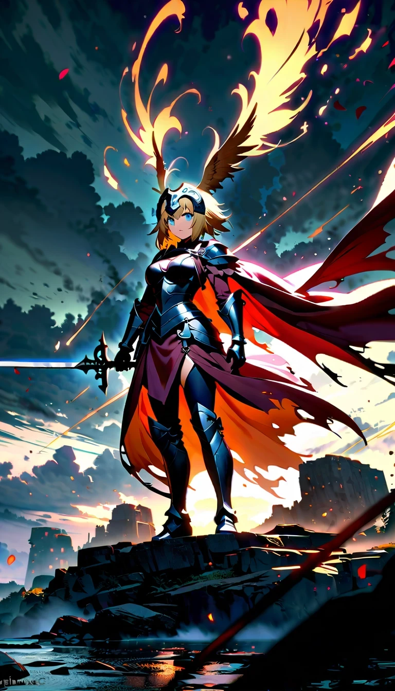 whole body，Epic anime style female warrior贞德阿尔特（Joan of Arc）, With a sword and a cloak, standing in front of a cloudy sky, Inspired by history and mythology, badass anime elements, The art of self-destruction, from《night ark》narration, With professional lighting technology, 8K resolution, The concept of the grand order of destiny, Best Anime Epic Artwork, 4k konachan wallpaper, anime fantasy, Immortal knight wearing black armor, dramatic atmosphere