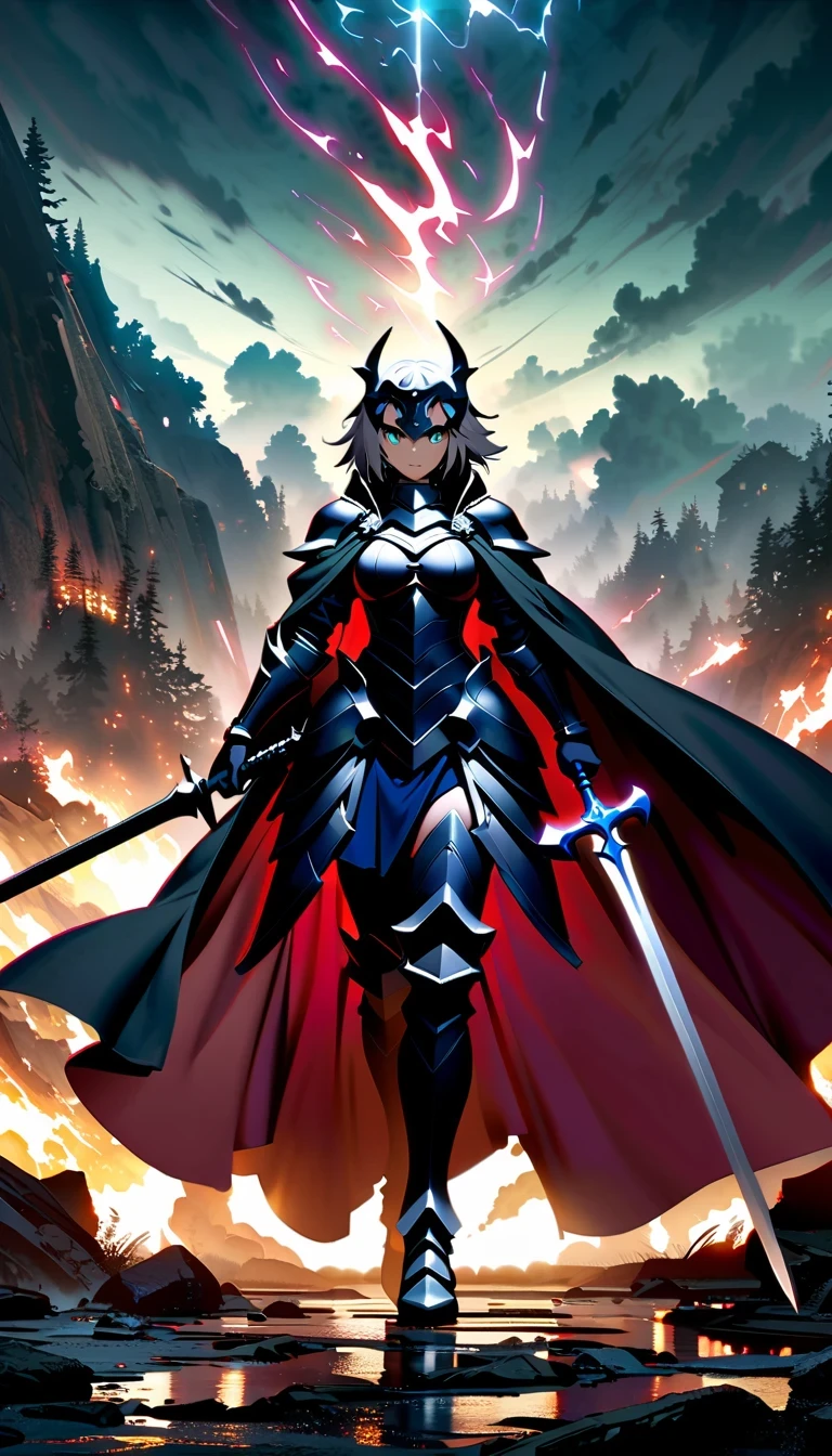 whole body，Epic anime style female warrior贞德阿尔特（Joan of Arc）, With a sword and a cloak, standing in front of a cloudy sky, Inspired by history and mythology, badass anime elements, The art of self-destruction, from《night ark》narration, With professional lighting technology, 8K resolution, The concept of the grand order of destiny, Best Anime Epic Artwork, 4k konachan wallpaper, anime fantasy, Immortal knight wearing black armor, dramatic atmosphere