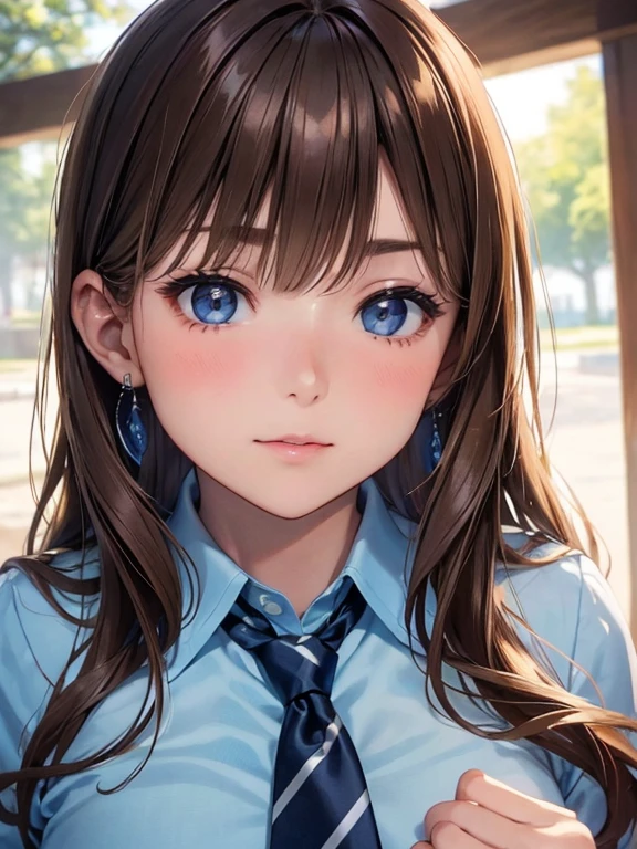 (table top:1.4, Photoreal:1.4, 8K), highest quality, masterpiece, ultra high resolution, perfect dynamic composition, big face、round face、((light brown hair:1.4、half up))、Highly detailed skin and facial textures:1.3, Detail of limbs, 1 girl, Cute sexy 22 year old Japanese , (tanned skin:1.2), tilt one&#39;s head, ((completely enchants you:0.9)), ((school uniform, light blue shirt, navy blue tie)),Medium chest, (look away、beautiful eyes, black eye, Eyes that feel beautiful eros:0.85), sexy face:0.4, (closed mouth、small mouth、thick lips、A taste of beautiful eroticism:0.85), ((Too cute beauty:0.9))、gal makeup、((extreme close up))