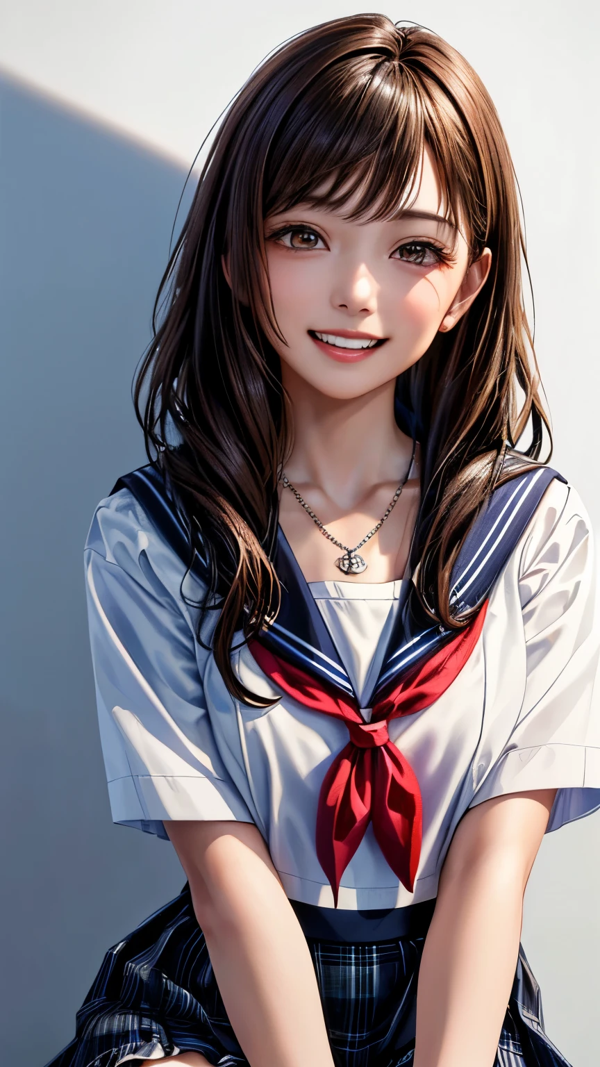 (highest quality、8K、32k、masterpiece)、(realistic)、(Photoreal:1.2)、(High resolution)、Super detailed、very beautiful face and eyes、1 girl、round and small face、thin waist、delicate body、(close、highest quality、high detail、Rich skin details)、(highest quality、8K、oil paint:1.2)、Super detailed、(realistic、realistic:1.37)、bright colors、(((I have brown hair)))、(((bust shot)))、(((long hair)))、(((pure white wall background)))、(((pure white wall background)))、(((wear a sailor suit)))、(((laughter)))、(((Teeth are visible)))、(((Perm hair)))、(((Wearing a short-sleeved sailor suit)))、(((look straight ahead)))、(((Wearing a heart necklace)))、(((she is wearing a sailor suit)))、(((I&#39;m half-hearted)))、(((I&#39;m putting my hands on my hips)))、(((She has a happy expression)))、(((plaid pleated skirt)))、(((mini skirt)))、(((I&#39;m wearing black knee socks)))、(((I have brown hair)))