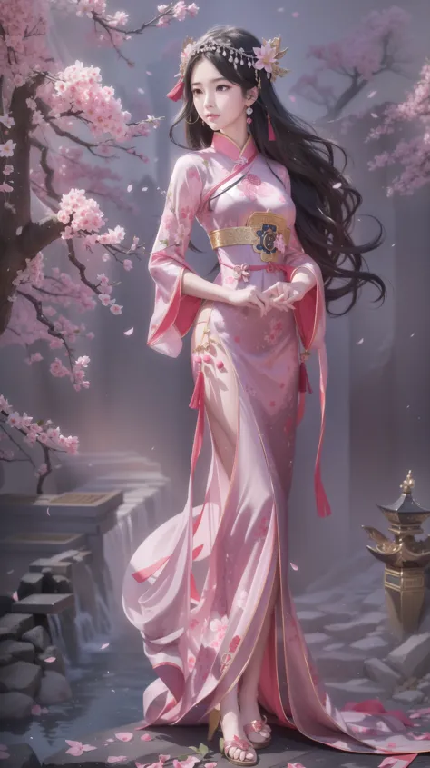 girl wearing pink ancient style long cheongsam，head 45 degrees to the left，look straight ahead，the face is very delicate，body sl...