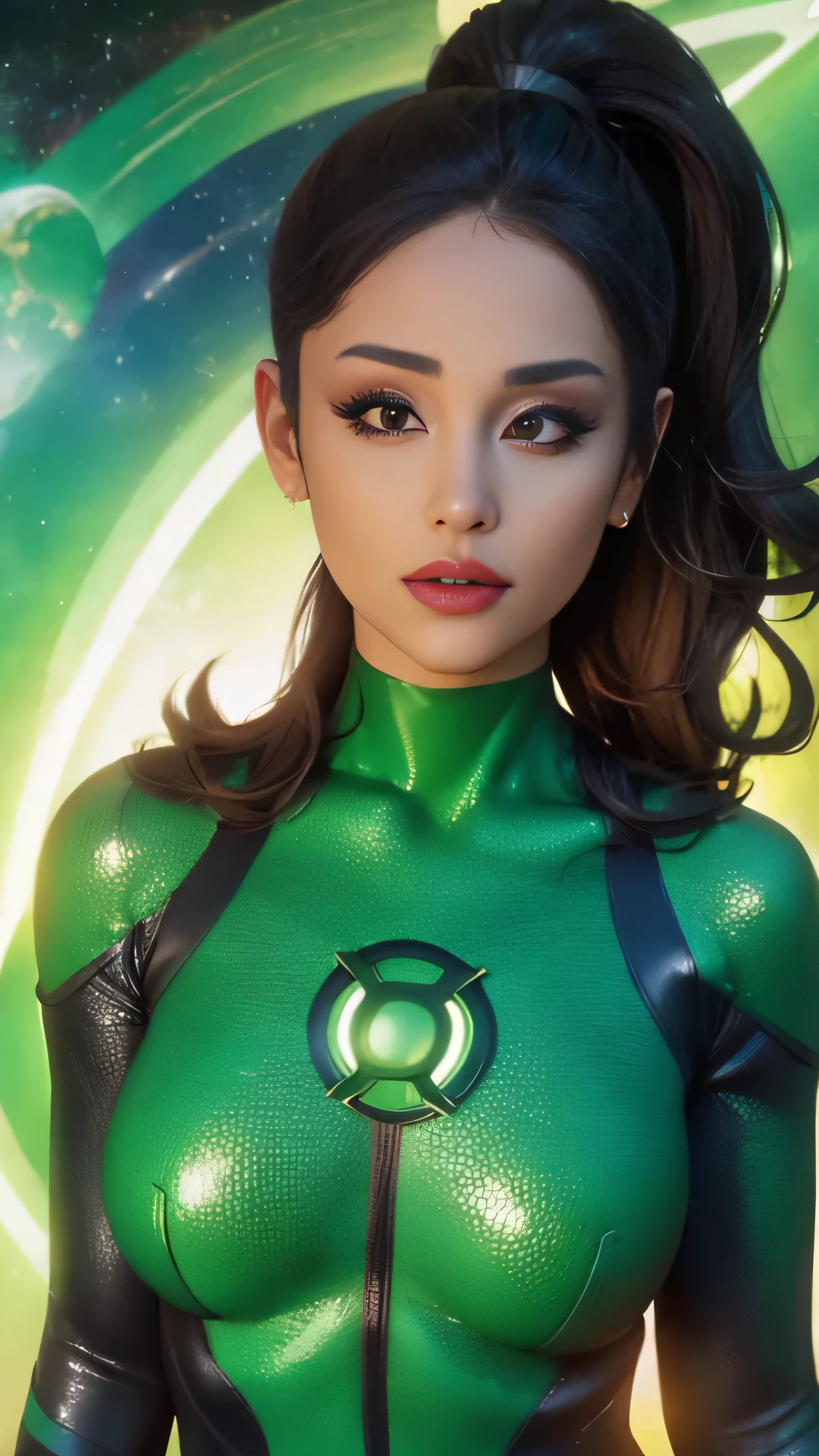 (sexy,beautiful,detailed) Ariana Grande as a green lantern, (ponytail)  (illustration,artwork), (best quality,4k,8k,highres,masterpiece:1.2), ultra-detailed, (realistic,photorealistic,photo-realistic:1.37), vibrant colors, captivating eyes, radiant smile, flowing emerald green costume, dynamic pose, enchanted green lantern ring, mystical energy emanating from her, glowing Green Lantern logo on her chest, intense shadows and highlights, cinematic lighting, cosmic background