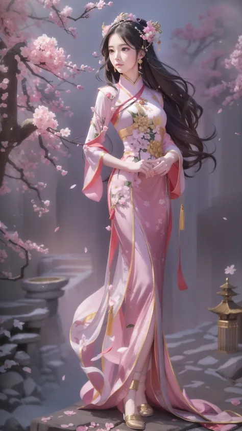 girl wearing pink ancient style long cheongsam，head 45 degrees to the left，look straight ahead，the face is very delicate，body sl...