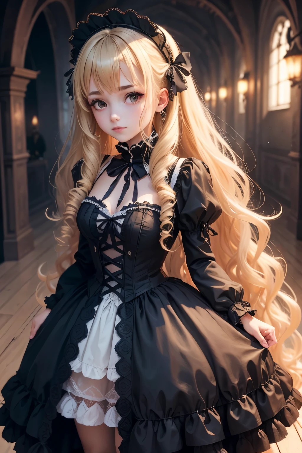 Nothing, Highest Quality, girl, blonde, curly hair, evil girl, dress,Gothic Lolita, long hair, Dress with skirt, 8k, Dark atmosphere, Gothic castle study, with brake ears, masle ve vlasech, in beach, swin s
uit