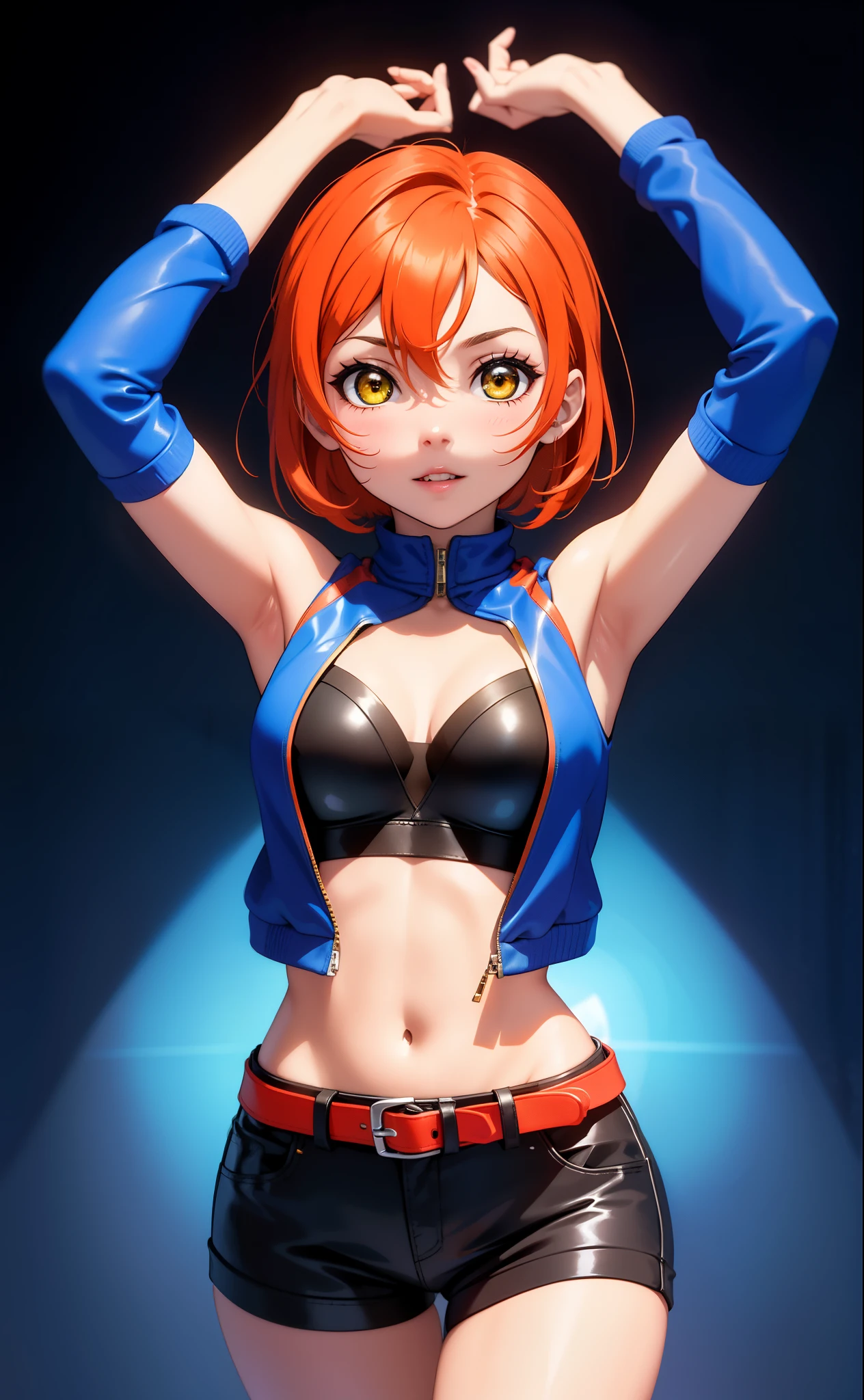 (Masterpiece, Best Quality, High Quality), facing viewer,volumetric lighting, illustration, beautiful, tight , Blushing, looking at viewer, blue leather bra top, blue leather small jacket, red leather shorts with cutouts,solo, posing for picture, seductive, perfect lighting, perfect shadows,Hoshizora rin, orange hair, yellow eyes , arms up , white belt, white background 