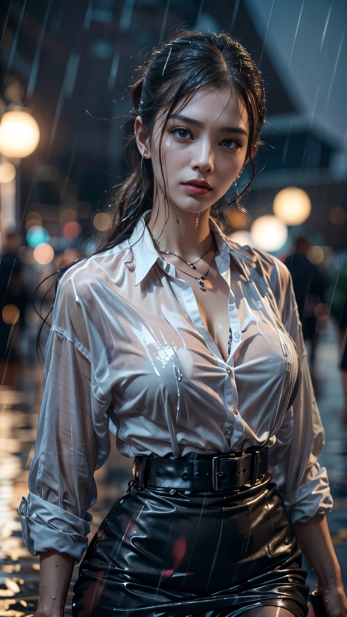 (RAW shooting, Photoreal:1.5, 8K, highest quality, masterpiece, ultra high resolution), perfect dynamic composition:1.2, Night street corner of a modern city, expression of sadness:0.3, (((Typhoon heavy rain))), Highly detailed skin and facial textures:1.2, Slim office lady wet in the rain:1.3, Fair skin, sexy beauty:1.1, perfect style:1.2, beautiful and aesthetic:1.1, very beautiful face, water droplets on the skin, (rain drips all over my body:1.2, wet body:1.2, wet hair:1.3), (wet office skirt:1.2, wet office lady uniform:1.3), belt, (Medium chest, Bra is sheer, Chest gap), (cry, lovelorn, The expression on your face when you feel intense caress, Facial expression when feeling pleasure), (beautiful blue eyes, Eyes that feel beautiful eros:0.8), (Too erotic:0.9, Bewitching:0.9), cowboy shot, Shoulder bag, necklace, earrings, bracelet, clock