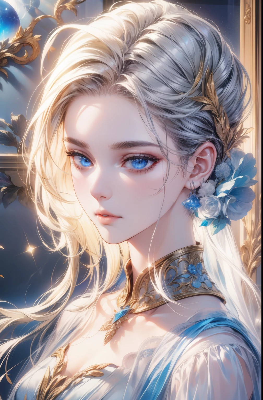 (best quality,highres,masterpiece:1.2),ultra-detailed,realistic:1.37,portrait,woman with silver hair,portrait in half-body,porcelain skin,detailed eyes with symmetrical left and right eyes,luminous sky blue eyes,luxurious golden hair accessory,mosaic pattern background,spotlight,high contrast,striking shadows,detailed shading,meticulously crafted masterpiece,top quality,top-notch image quality