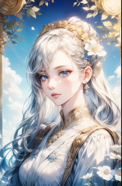 Silver-haired woman、bust、white skinned、Symmetry between left and right eyes、delicate eyes、sparkling sky blue eyes、golden hair ac...