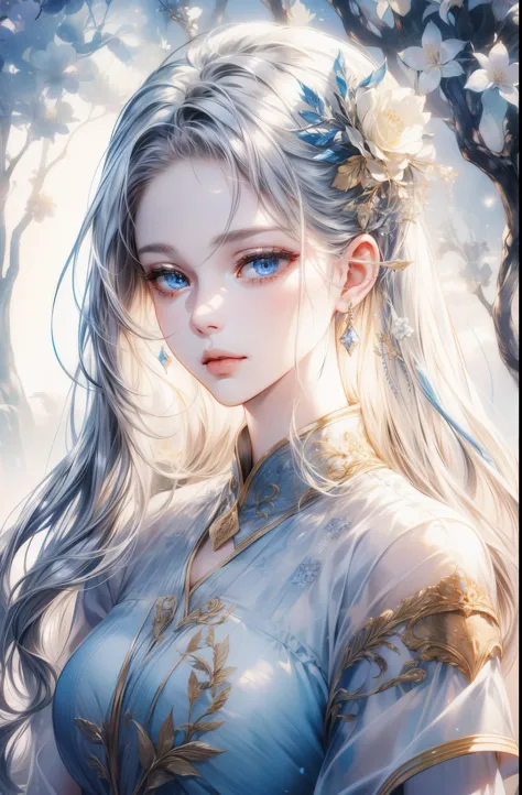 Silver-haired woman、bust、white skinned、Symmetry between left and right eyes、delicate eyes、sparkling sky blue eyes、golden hair ac...