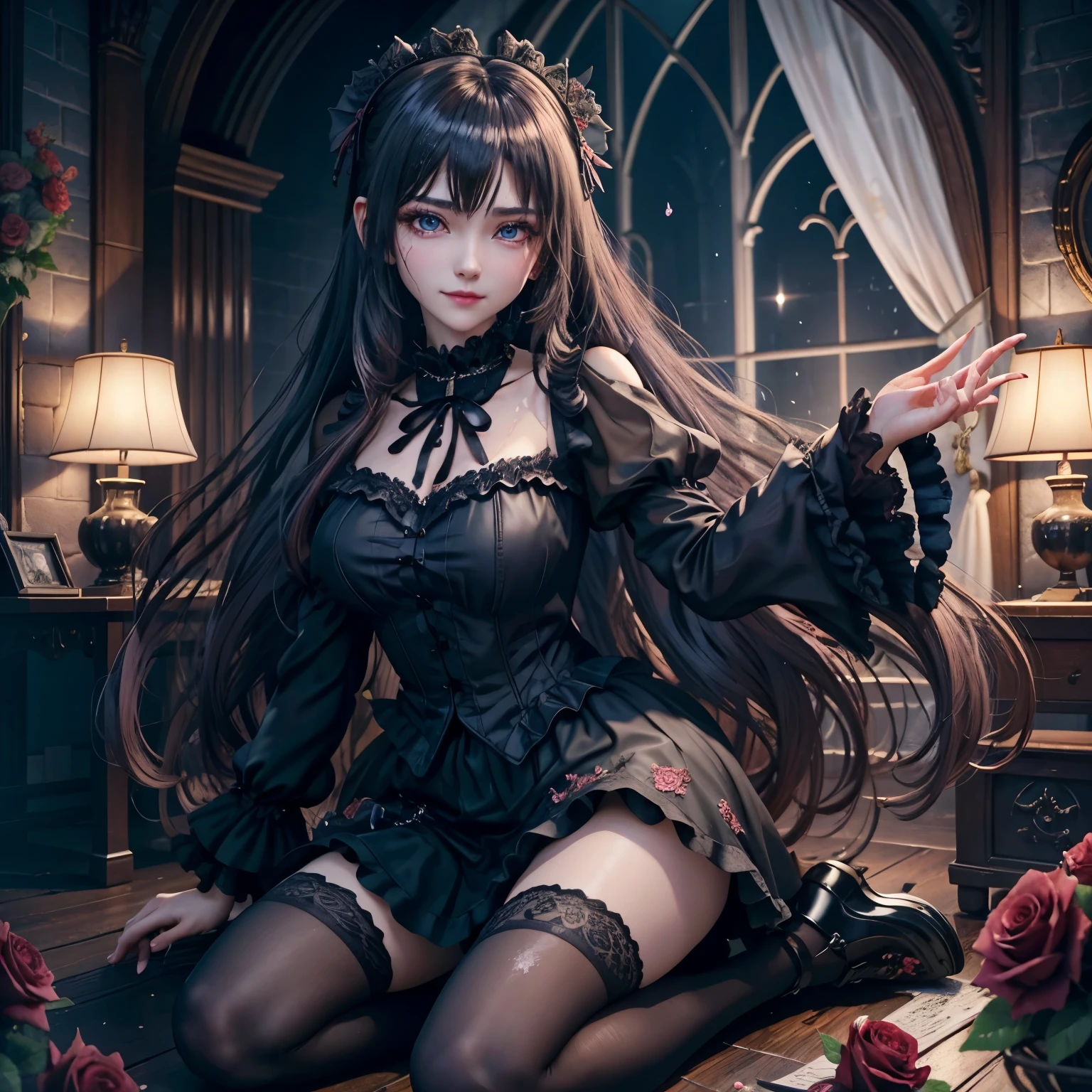 ハードdark gothicメイク、Insanity、deep night sky、horror、black dark eyeshadow、cry、grieve、good skin shine、dark gothicメイク、dark smile、Restless Palace、fragrant beauty、22 years old、lure、expression of intense sexual pleasure、A look of shame、dark gothic、lewd expression、muste piece、best quality、Refers to 5 books、Expression of sexual pleasure in suffering、drunk face、purple maid outfit、mysterious、Noble、A face that is holding back the toilet、Super sexy、loving smile、twin tail hair、jet black ruffle skirt、right blue eye, left eye is red、Gothic bed covered with roses、Super bewitching pose、stick out your butt、platform heel shoes、dark makeup、black lipstick、Stained glass、black metal world、open your legs sloppily、make the world beautiful、sit on a bed of roses、gothic lolita clothes、comb your hair、A little slender、silver hair、long hair straight hair、cute gothic lolita dress、beautiful face、face of elegance、bewitching face、knee high socks、Stained glassが背景、My chest is shiny from a lot of sweat、the room is dark、goth  long dress、bell sleeve、wizard sleeve、decadent look、sexually excited look、part hair、Ritual、gothic ritual、Glossy thighs wet with water、Thighs wet and shiny with oil、Background of a room filled with roses、sad expression、Rozen Maiden、embroidery is pink、Clothes are embroidered pink、thigh high socks、kneel down、put your knees on the floor、knee high socks、It shines due to the considerable amount of sweat on my thighs.、kneel down、body is wet and shiny、Lots of glitter on the thighs、i am sweating a lot、A lot of sweat and stickiness on the thighs、Sweat glistening on your thighy whole body is shiny with sweat、pretty sweaty、My thighs are sweaty、my thighs are so wet、My thighs are shiny from a lot of sweat、A lot of sweat shines all over the body、kneel up、Right arm to crotch、、open your legs wide、slender body、Gentle expression、is masturbating、deep black eyeshadow、lewd act、Stained glassと薔薇背景、エレキplay the guitar、play the guitar、wearing black underwear、have a guitar、black panties、