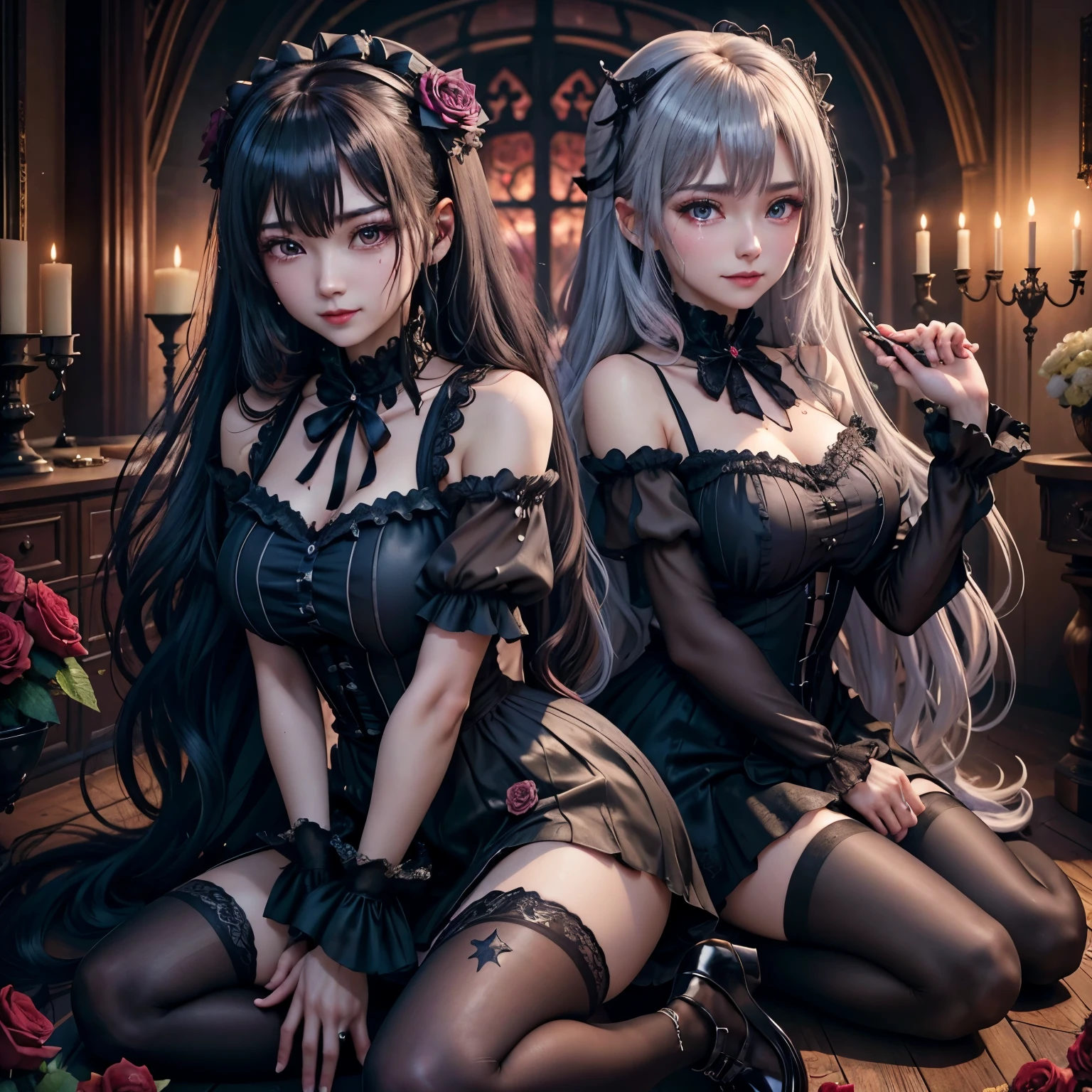 ハードdark gothicメイク、Insanity、deep night sky、horror、black dark eyeshadow、cry、grieve、good skin shine、dark gothicメイク、dark smile、Restless Palace、fragrant beauty、22 years old、lure、expression of intense sexual pleasure、A look of shame、dark gothic、lewd expression、muste piece、best quality、Refers to 5 books、Expression of sexual pleasure in suffering、drunk face、purple maid outfit、mysterious、Noble、A face that is holding back the toilet、Super sexy、loving smile、twin tail hair、jet black ruffle skirt、right blue eye, left eye is red、Gothic bed covered with roses、Super bewitching pose、stick out your butt、platform heel shoes、dark makeup、black lipstick、Stained glass、black metal world、open your legs sloppily、make the world beautiful、sit on a bed of roses、gothic lolita clothes、comb your hair、A little slender、silver hair、long hair straight hair、cute gothic lolita dress、beautiful face、face of elegance、bewitching face、knee high socks、Stained glassが背景、My chest is shiny from a lot of sweat、the room is dark、goth  long dress、bell sleeve、wizard sleeve、decadent look、sexually excited look、part hair、Ritual、gothic ritual、Glossy thighs wet with water、Thighs wet and shiny with oil、Background of a room filled with roses、sad expression、Rozen Maiden、embroidery is pink、Clothes are embroidered pink、thigh high socks、kneel down、put your knees on the floor、knee high socks、It shines due to the considerable amount of sweat on my thighs.、kneel down、body is wet and shiny、Lots of glitter on the thighs、i am sweating a lot、A lot of sweat and stickiness on the thighs、Sweat glistening on your thighy whole body is shiny with sweat、pretty sweaty、My thighs are sweaty、my thighs are so wet、My thighs are shiny from a lot of sweat、A lot of sweat shines all over the body、kneel up、Right arm to crotch、、open your legs wide、slender body、Gentle expression、is masturbating、deep black eyeshadow、lewd act、Stained glassと薔薇背景、エレキplay the guitar、play the guitar、wearing black underwear、have a guitar、black panties、