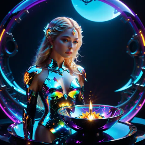 Galadriel, majestic, gazes into a magic bowl, reflection captured, body adorned with silver mirror paint in the artistic vein of...