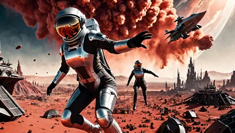 virtual scene, hyperrealism, a woman in a glass spacesuit, a starship is attacking, people in spacesuits are shooting at it, on the surface of a scary planet, action pose, in the background another large spaceship, an epic scene, battle, war, a mystical Ma...