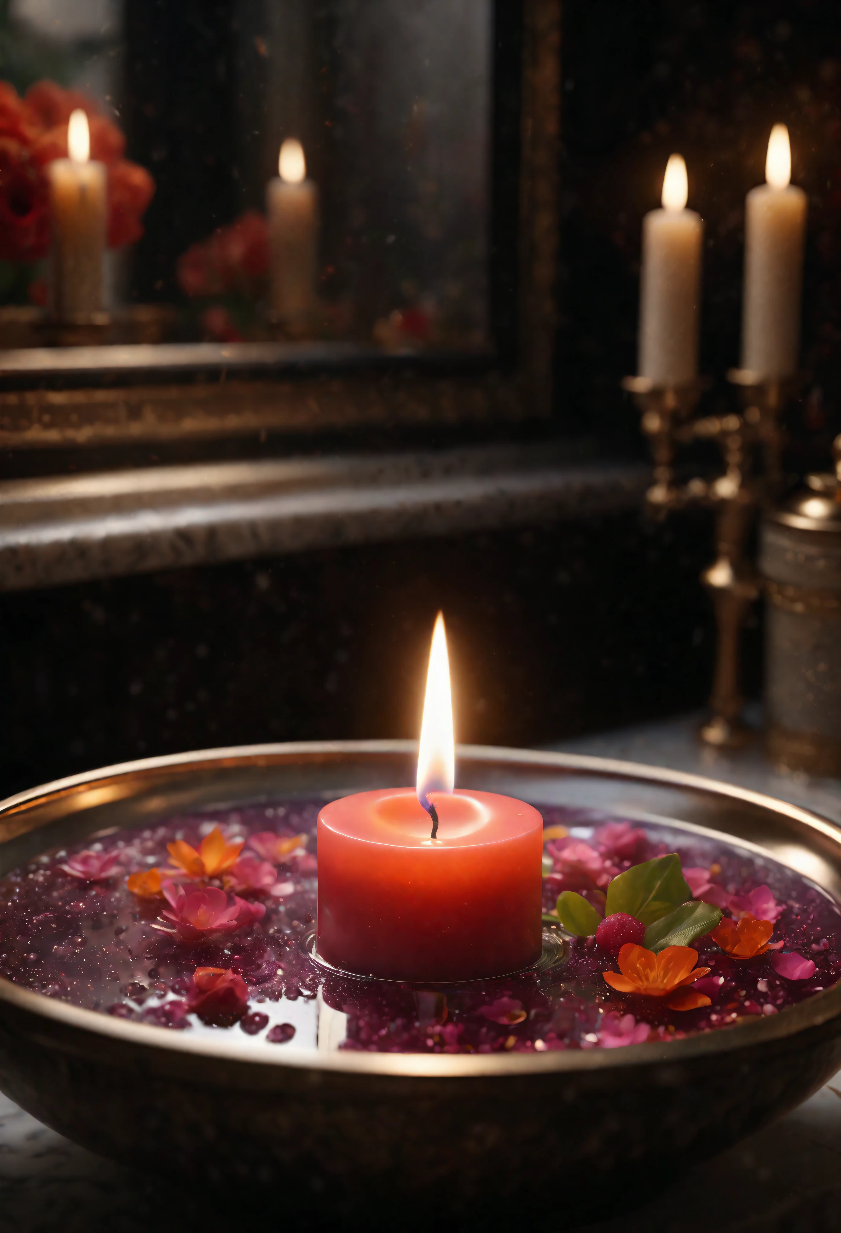 ((Masterpiece in maximum 16K resolution):1.6),((soft_color_photograpy:)1.5), ((Ultra-Detailed):1.4),((Movie-like still images and dynamic angles):1.3). | (Macro shot cinematic photo of a glowing aromatic candle in a fancy bathroom), (aesthethic scented candle), (dim background), (macro lens), (illuminate), (luminous object), (candle glass), (shimmer), (fancy bathroom), (aromatic flower), (visual experience),(Realism), (Realistic),award-winning graphics, dark shot, film grain, extremely detailed, Digital Art, rtx, Unreal Engine, scene concept anti glare effect, All captured with sharp focus. | Rendered in ultra-high definition with UHD and retina quality, this masterpiece ensures anatomical correctness and textured skin with super detail. With a focus on high quality and accuracy, this award-winning portrayal captures every nuance in stunning 16k resolution, immersing viewers in its lifelike depiction. | ((perfect_composition, perfect_design, perfect_layout, perfect_detail, ultra_detailed)), ((enhance_all, fix_everything)), More Detail, Enhance.

