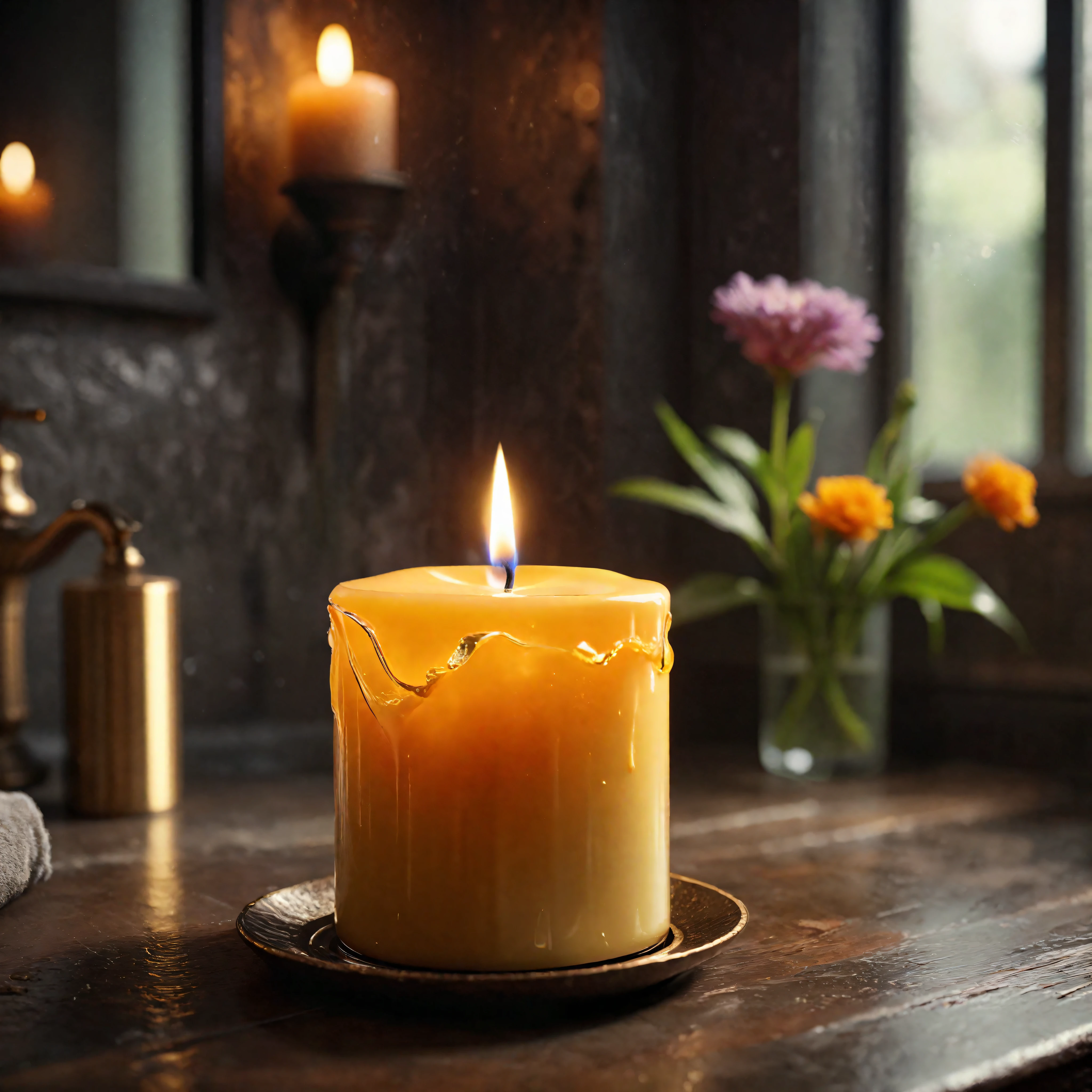 ((Masterpiece in maximum 16K resolution):1.6),((soft_color_photograpy:)1.5), ((Ultra-Detailed):1.4),((Movie-like still images and dynamic angles):1.3). | (Macro shot cinematic photo of a glowing aromatic candle in a fancy bathroom), (aesthethic scented candle), (dim background), (macro lens), (illuminate), (luminous object), (candle glass), (shimmer), (fancy bathroom), (aromatic flower), (visual experience),(Realism), (Realistic),award-winning graphics, dark shot, film grain, extremely detailed, Digital Art, rtx, Unreal Engine, scene concept anti glare effect, All captured with sharp focus. | Rendered in ultra-high definition with UHD and retina quality, this masterpiece ensures anatomical correctness and textured skin with super detail. With a focus on high quality and accuracy, this award-winning portrayal captures every nuance in stunning 16k resolution, immersing viewers in its lifelike depiction. | ((perfect_composition, perfect_design, perfect_layout, perfect_detail, ultra_detailed)), ((enhance_all, fix_everything)), More Detail, Enhance.

