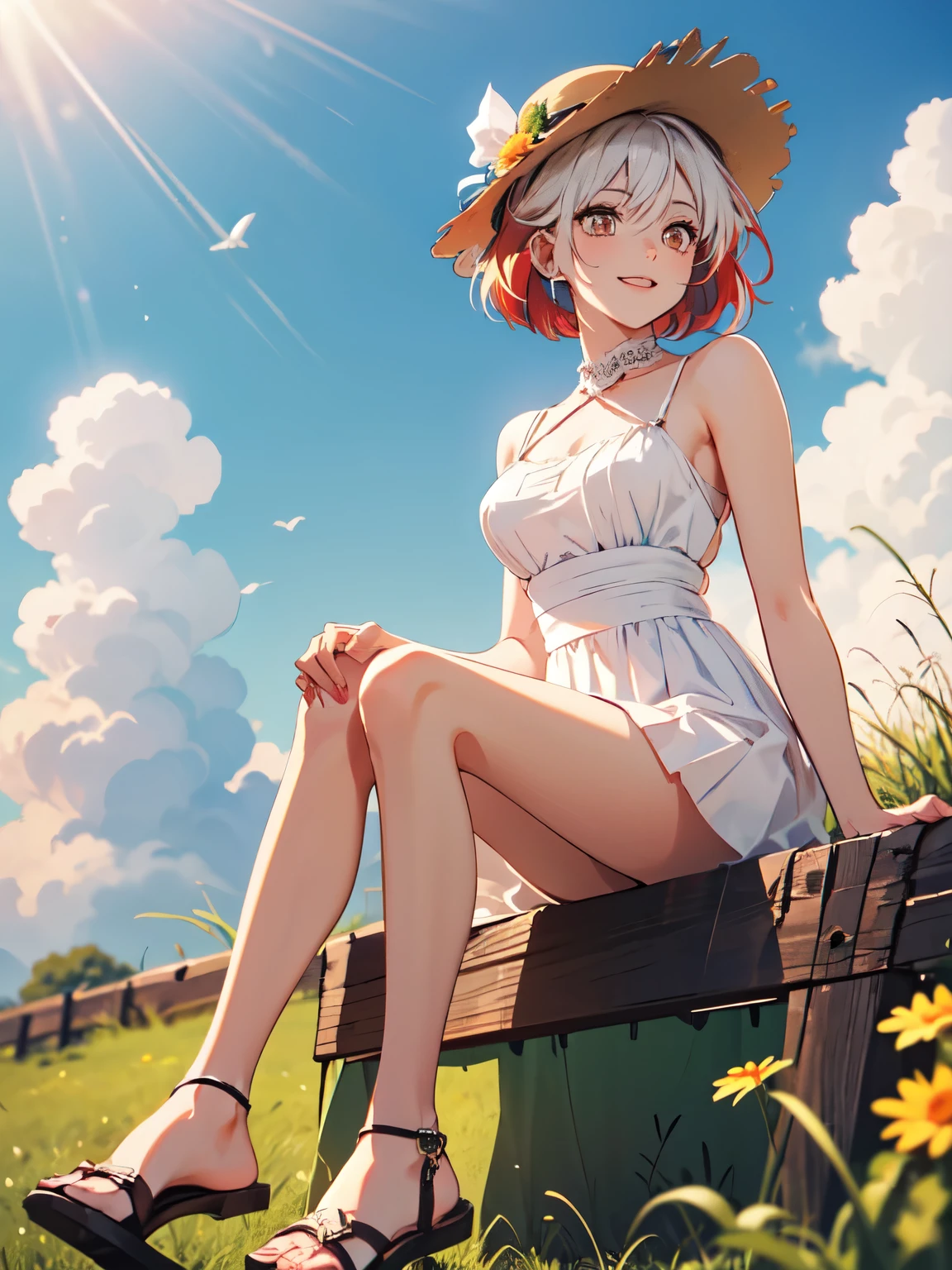 masutepiece, Solo, Highly detailed, Ultra-detailed, 超A high resolution, (Best Quality), (Best Shadow),Detailed, Perfect Lighting, 1girl in, Solo Focus,1girl,PascalTales,multicolored hair,short hair,white hair,red hair,two-tone hair,brown eyes,Defined lines,makeup, Beautiful face, gorgeous eyes,smile,white eyebrows,wearing a straw hat,wearing a white dress,holding the hat in hand,holding his crotch with his hand,My hair and clothes are swaying in the wind,The background is grassland,blue sky,girl is wearing white sandals,,,